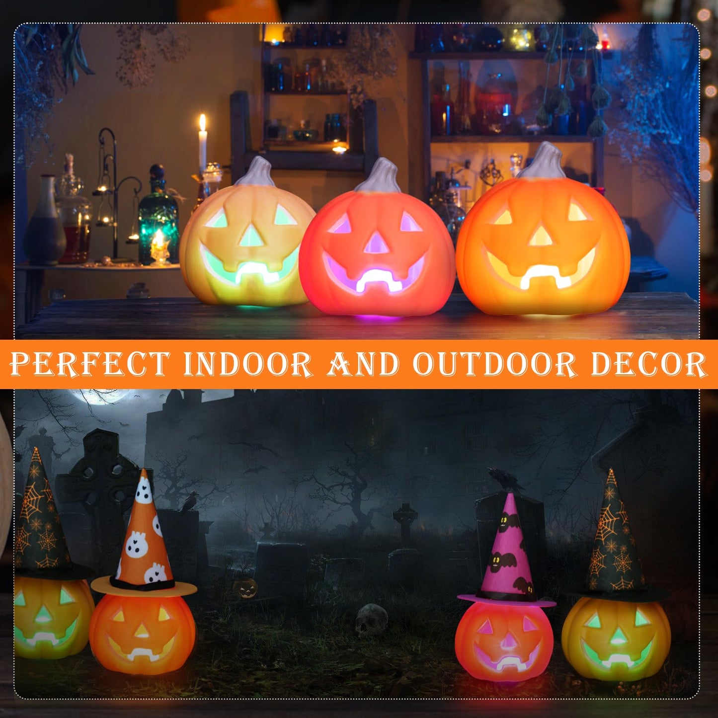 3 Pack Jack O Lantern, Lighted Pumpkin with Hat Halloween Decorations, Waterproof Indoor Outdoor Table Ornaments for Home Party Decor (Hat Pumpkin)