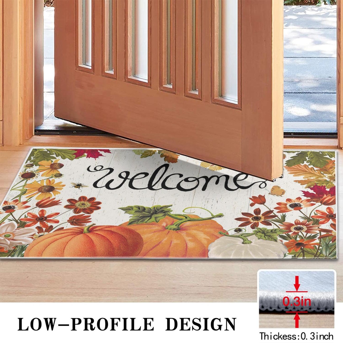 wyoansfhd Fall Pumpkin Doormat, Autumn Home Decor Entry Door mat, Pumpkin Doormat, Low Profile Entry, Non-Slip Farmhouse Mat, Outdoor Welcome Mat 17x30 Inch