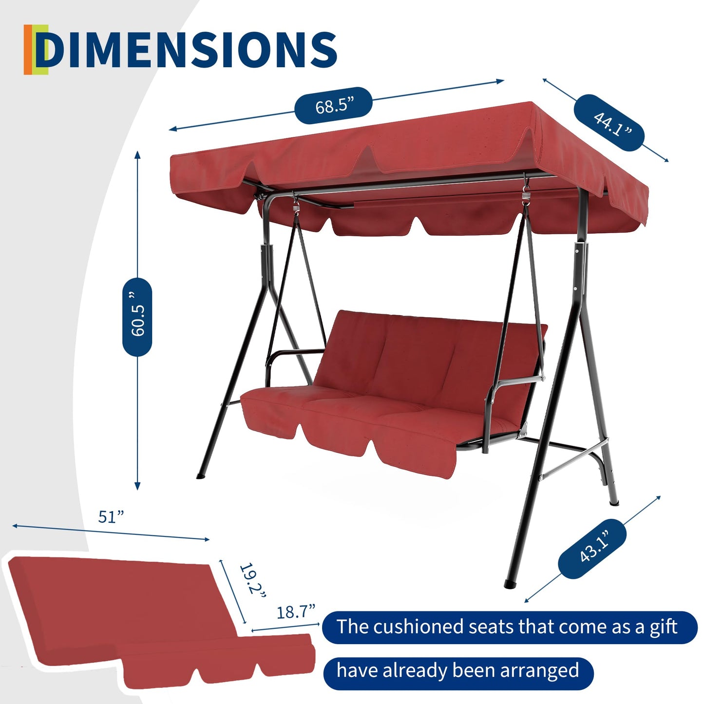 3 Person Patio Swing Chair with Canopy for Porch, Convertible Canopy Hanging Glider Lounge Chair, Patio SwingWith Adjustable Tilt Shade