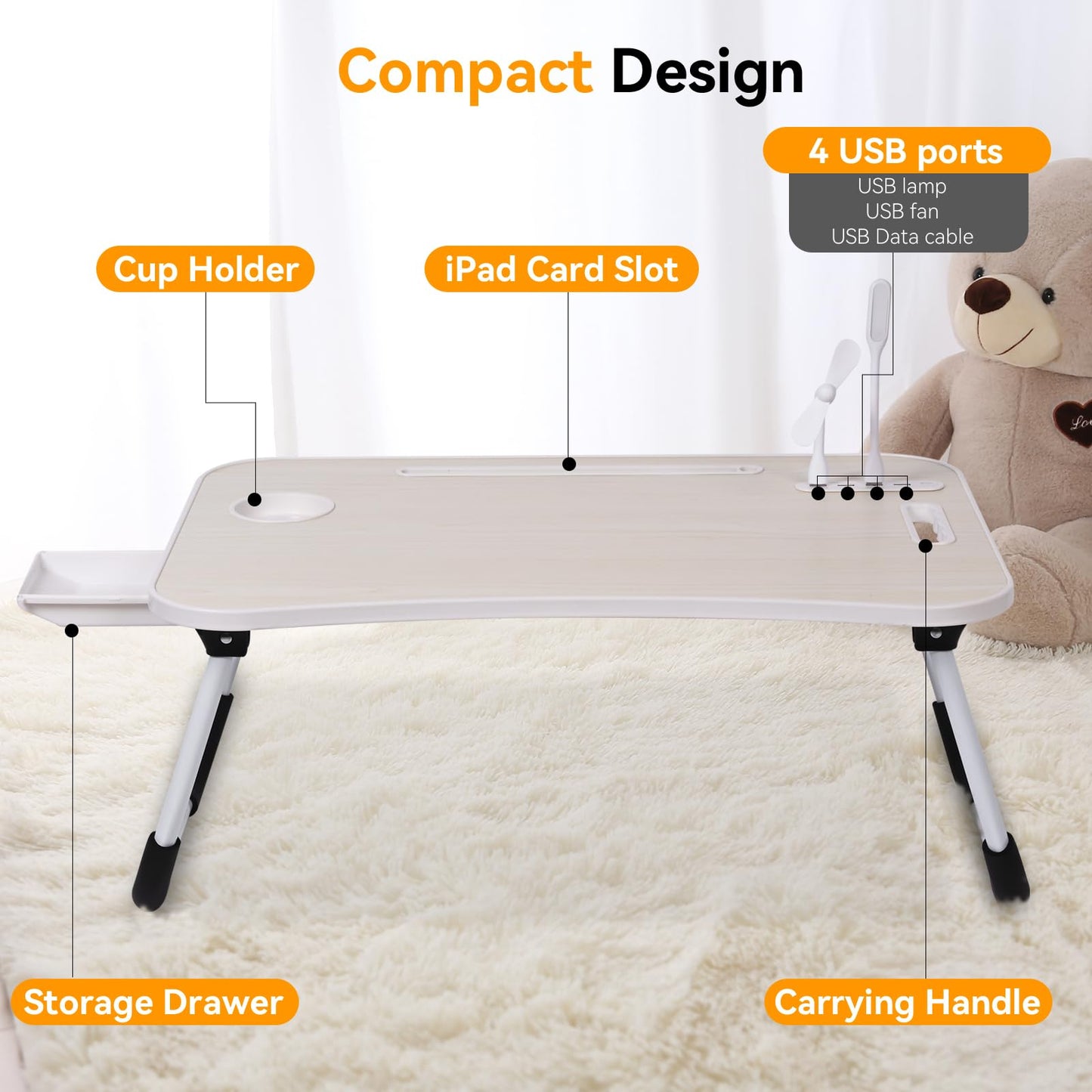 23.6 inch Portable Bed Desk, Folding Lap Desk with 4 USB Ports, Wind Fan, LED Light, Cup Holder and Side Drawer for Working, Reading, Writing, Eating on Bed, Sofa, Floor (Pink)
