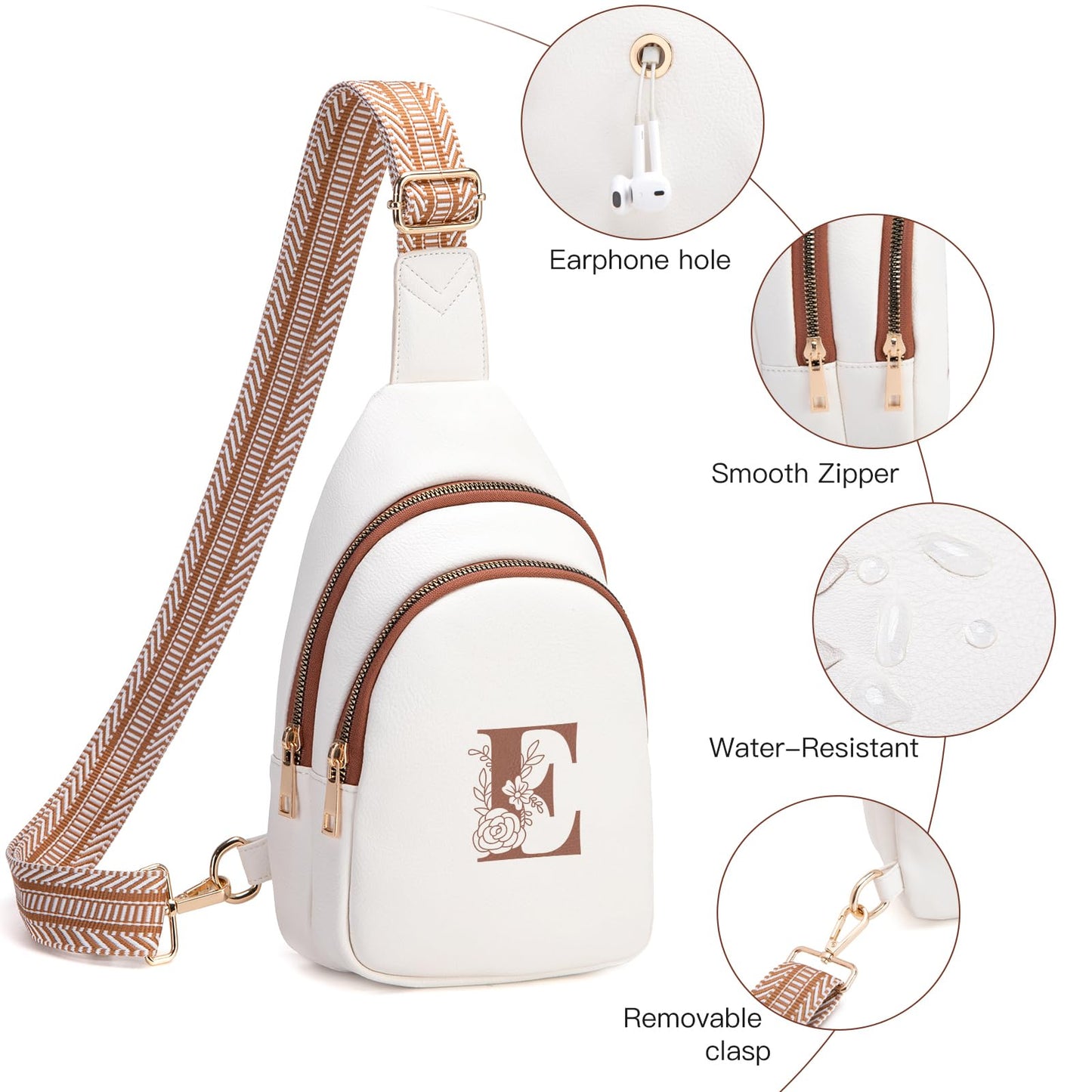 Viverte Crossbody Bags for Women Initial Sling Bag Cross Body Fanny Packs Personalized Gifts for Mom Women Wife (Beige with Brown-E)