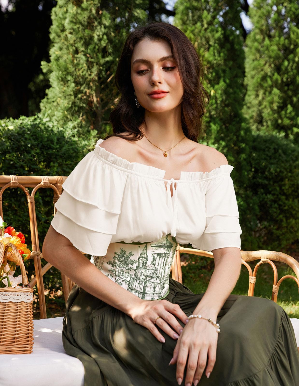 Women Renaissance Pirate Peasant Ruffled Shirt Blouse Holiday Tops Apricot M