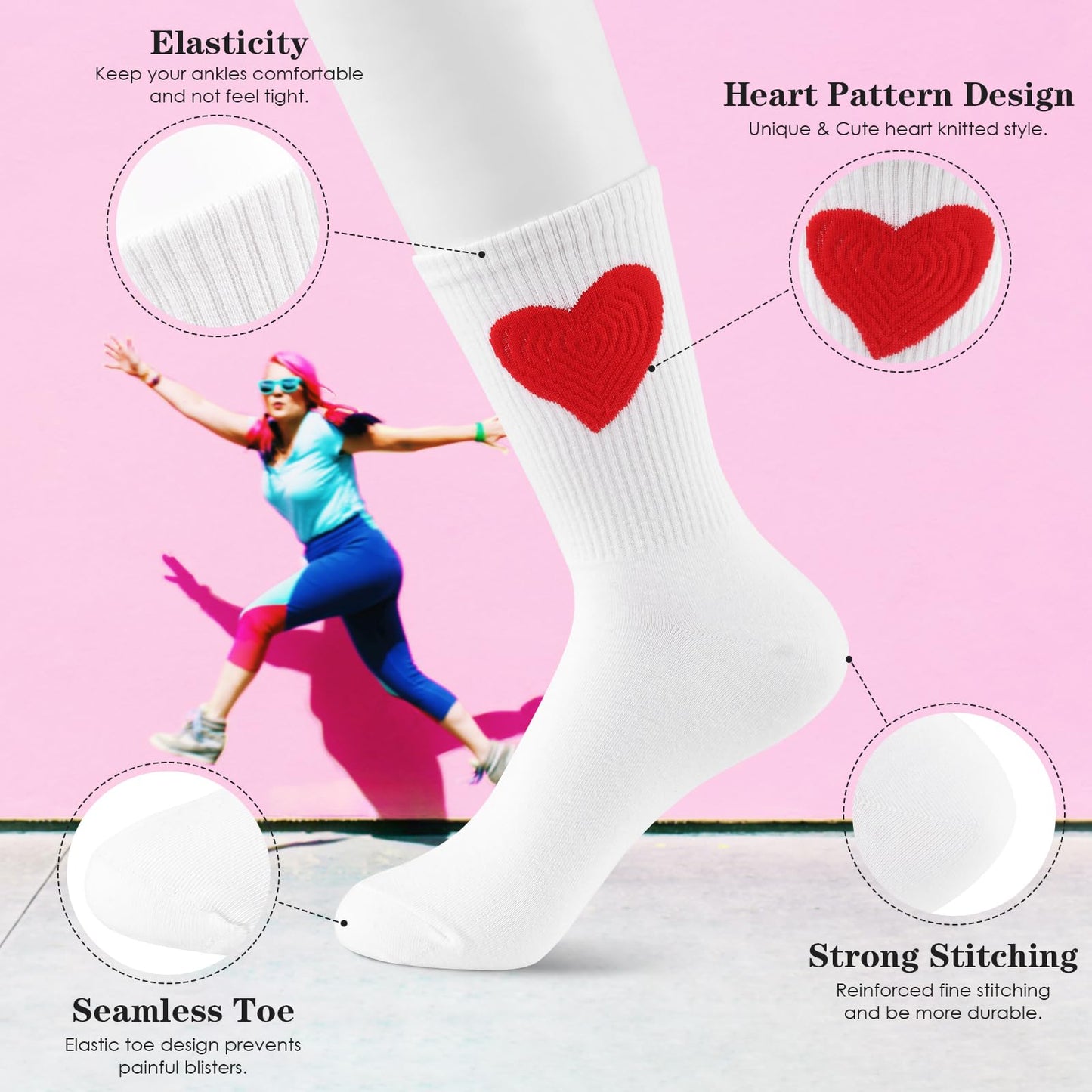 Worive 6 Pairs Women's Crew Socks Ankle High Cotton Funny Cute Heart Athletic Running Calf Gifts for Birthday Style 2 White
