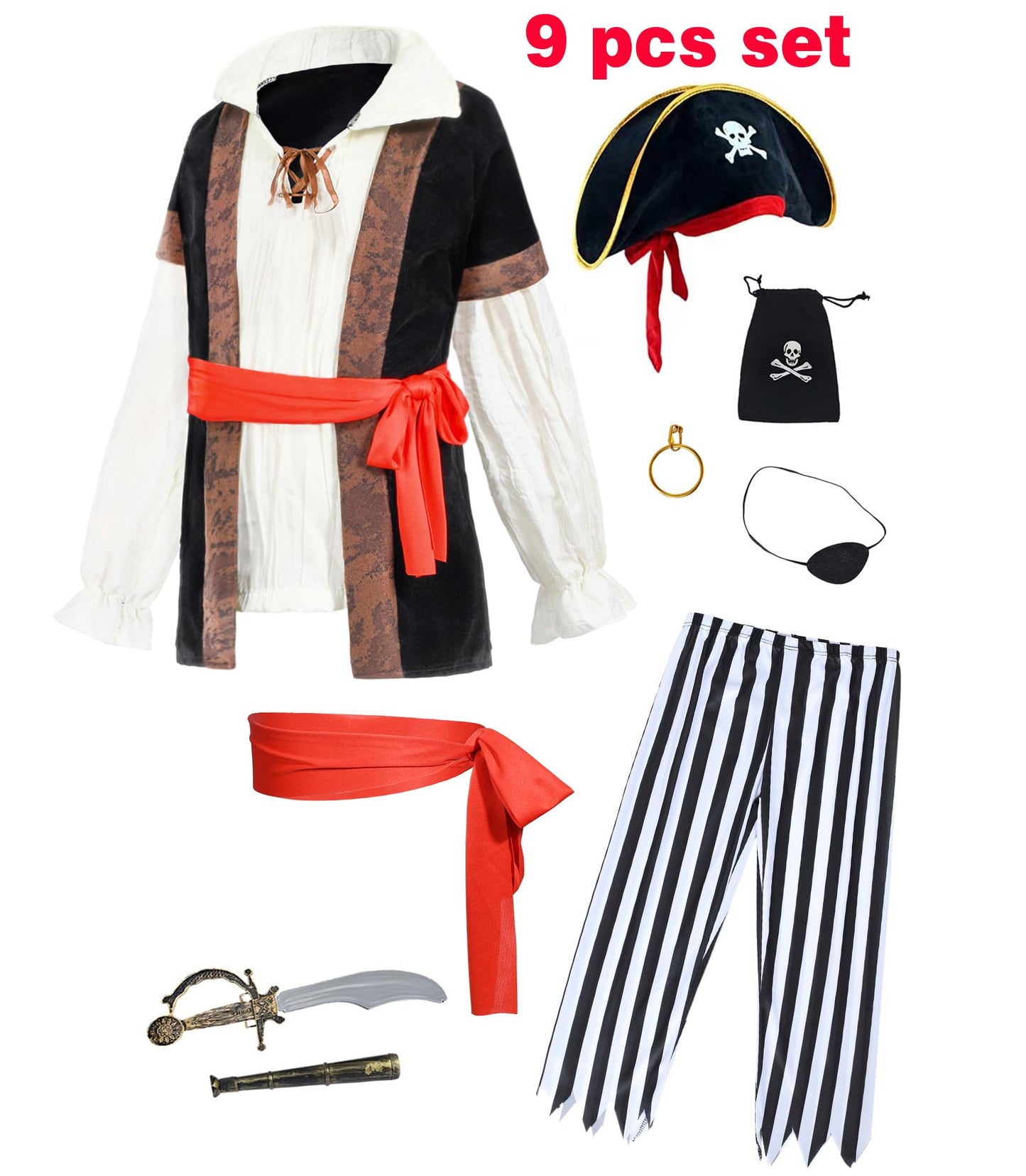 9 PCS Pirate Costume Kids Coat Pants Hat with Accessories Deluxe Set for Party Cosplay 6-7 Years