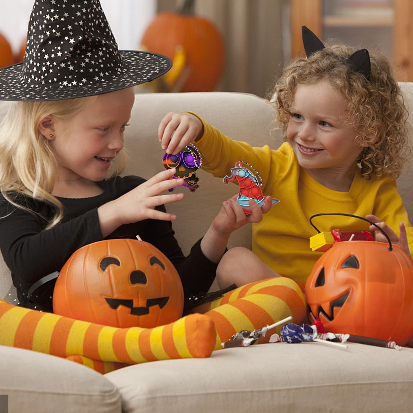24Pcs Halloween Mini Pop Keychain Fidget Toys with 24 Cards, Halloween Party Favors Supplies, Silicone Mini Pop Toys Bulk for Kids Anxiety Stress Reliever for Adults
