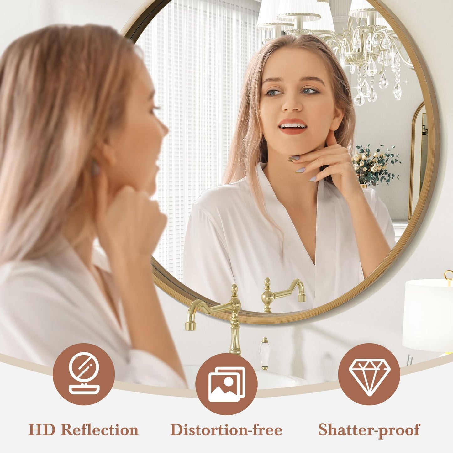 WallBeyond Round Wood Mirror 28" Circle Wall Mirror for Bathroom Round Wall Mirror for Wall Decor, Vanity, Entryway Living Room, Honey