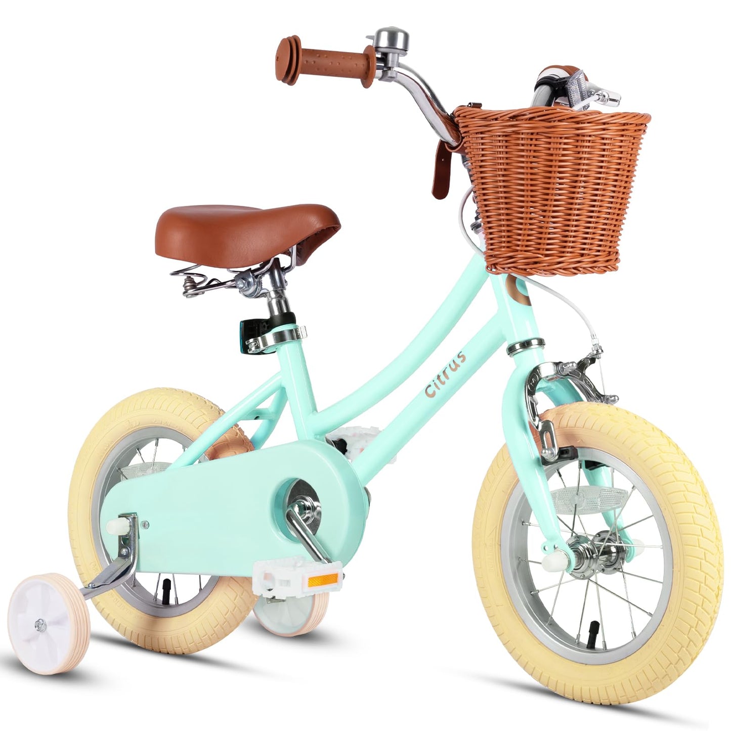 vollsch 14 Inch Little Kids Toddlers Bike for Age 7-15 Years Old Girls Retro Vintage Style Bicycles with Basket Training Wheels and Bell, Mint Green