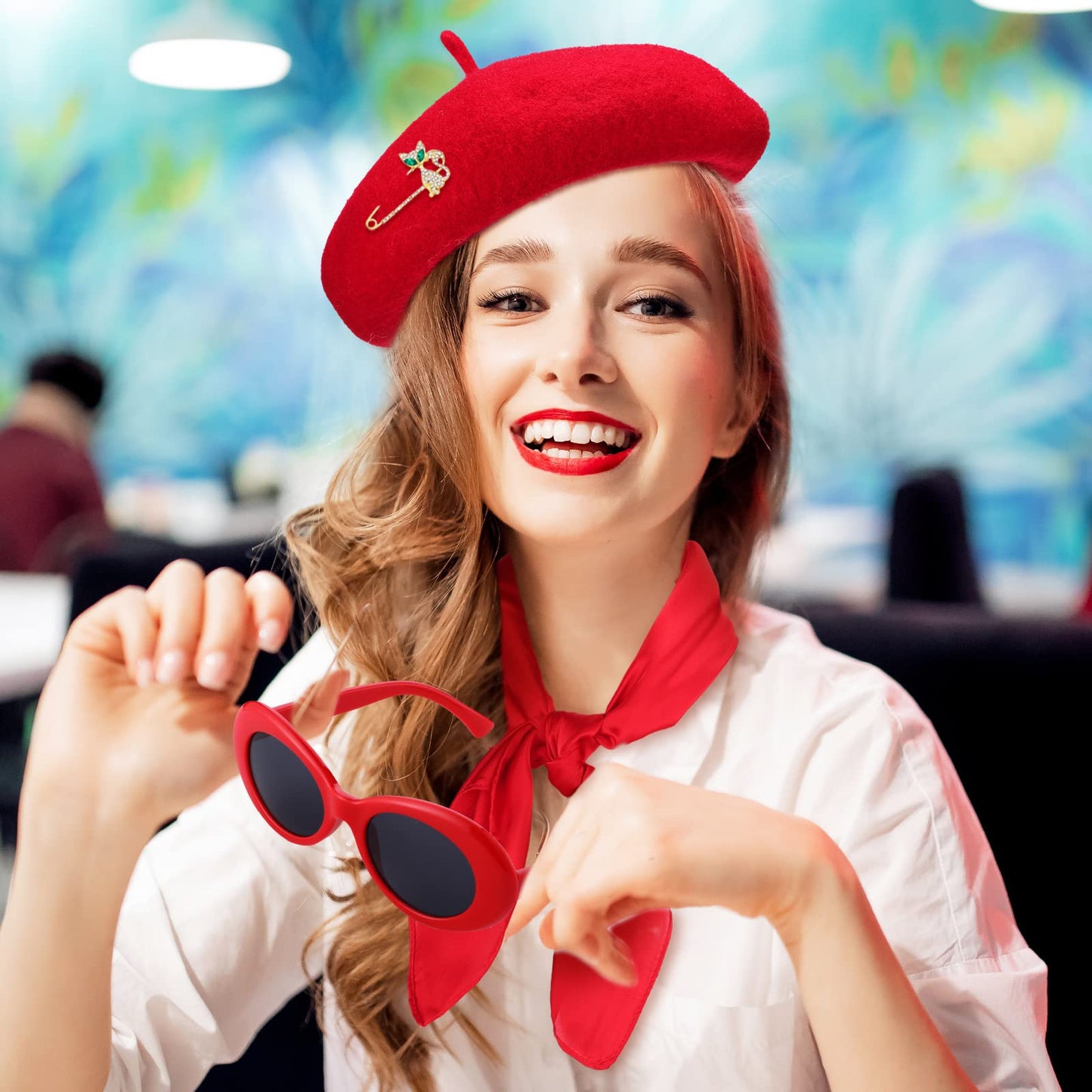 6 Pcs French Red Beret Hat Set Women Girls French Themed Party Accessories Retro Chiffon Scarf Oval Sunglasses Gloves Alloy Brooch for Costume Accessories