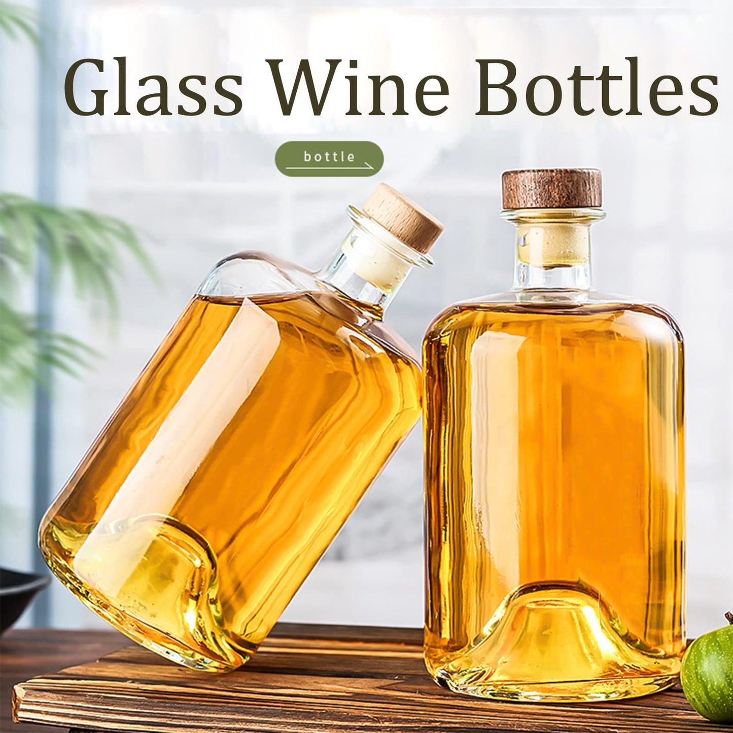 2 Pack 25 oz Heavy Base Clear Glass Liquor Bottles with T-Top Wood Caps Clear Wine Bottles Home Brewing Airtight Crew Bottles Leak Proof for Kombucha Juice Oil Drinks,Kefir,Dishware Safe