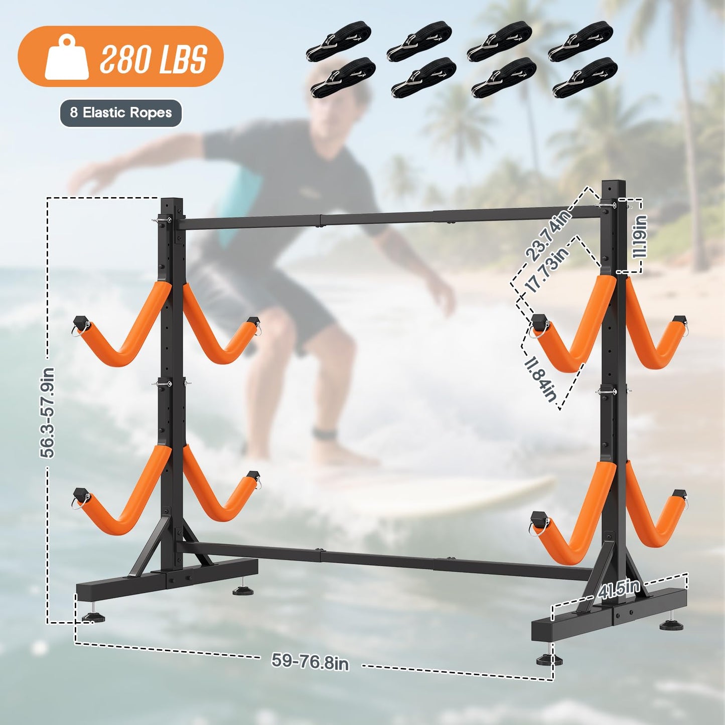 SPECRAFT Freestanding Kayak Storage Rack for 4 Kayaks, Adjustable Width Stand with Stable Base, 8 Elastic Ropes, EVA Tube Sleeves, for Indoor Outdoor Garage