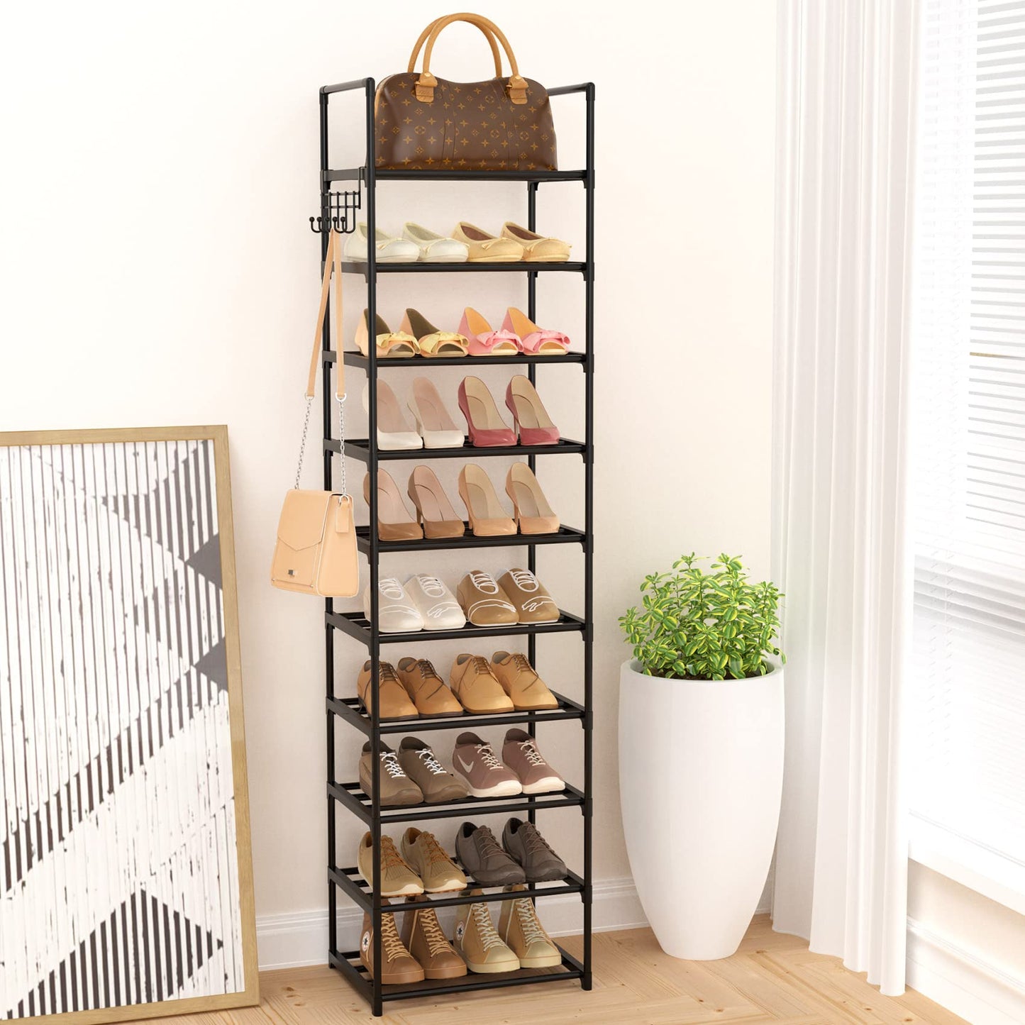 WEXCISE Narrow Shoe Rack 10 Tiers Tall Shoe Rack for Entryway 20 24 Pairs Shoe & Boots Organizer Storage Shelf Durable Black Metal Stackable Shoe Cabinet with Hooks, 17.1D x 11.8W x 78.7H in