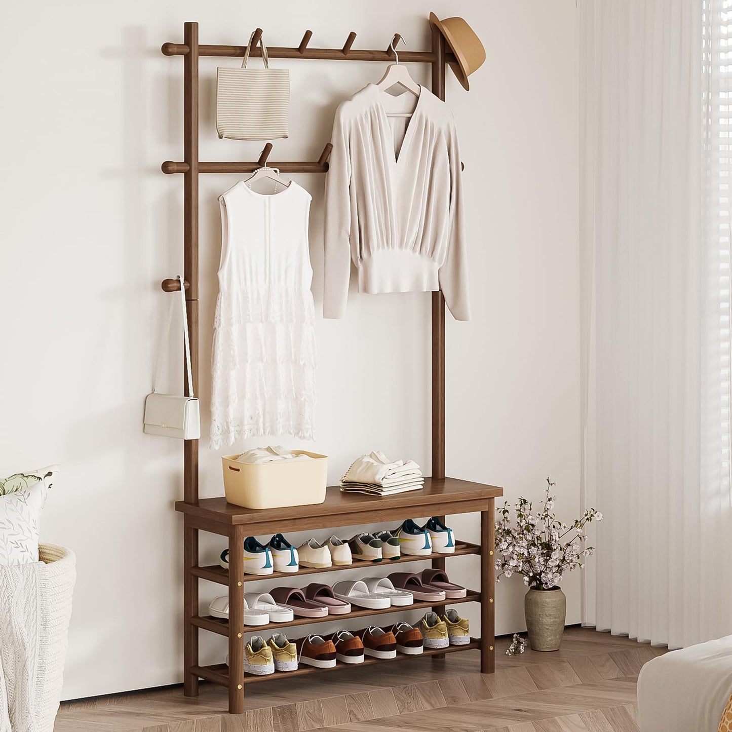 Welfuturer Bamboo Hall Tree with 13 Hook, 6-in-1 Entryway Bench with Coat Rack Freestanding, Coat Rack with Shoe Storage Bench Organizer for Mudroom, Bedroom, All-in-One Shoe Rack,Walnut