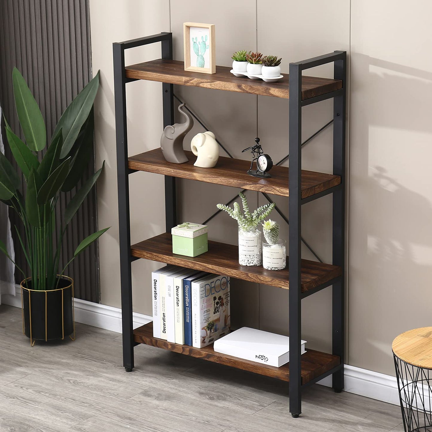 WH-AOERPUMY Solid Wood Bookshelf, 4-Tier Rustic Vintage Industrial Etagere Bookcase, Open Metal & Wood Vintage Book Shelf, Retro Brown