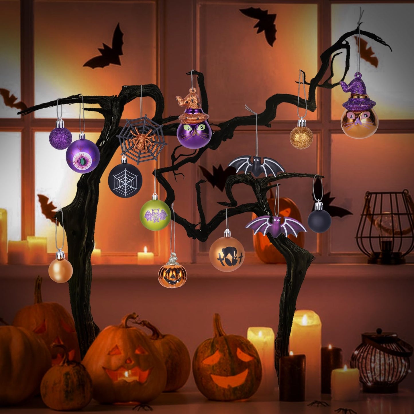 28Pcs Halloween Ball Ornaments Set, Shatterproof Hanging Halloween Tree Ornaments with Spider, Pumpkin, Skull Design for Indoor&Outdoor Holiday Party Decoration