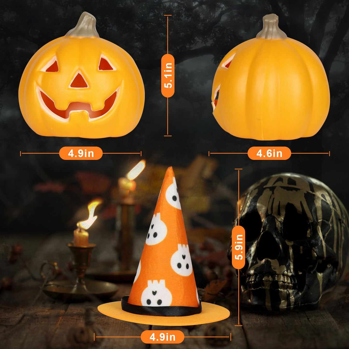 3 Pack Jack O Lantern, Lighted Pumpkin with Hat Halloween Decorations, Waterproof Indoor Outdoor Table Ornaments for Home Party Decor (Hat Pumpkin)