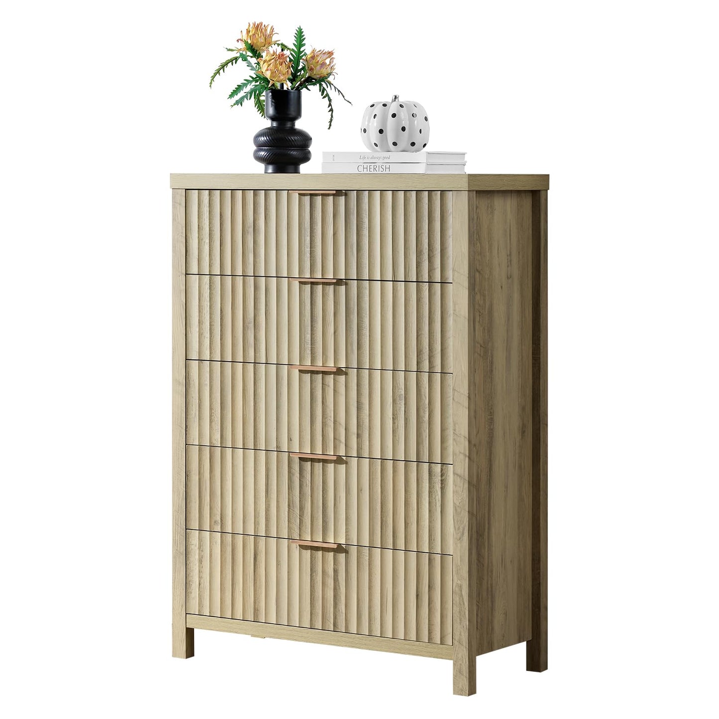 5 Drawers Dresser for Bedroom, 44 Inches Tall Modern Bedroom Dressers, Chest of Drawers for Bedroom, Fluted Dresser for Closet Organizer for Living Room, Hallway, Entryway (Sunwashed Ash Oak)
