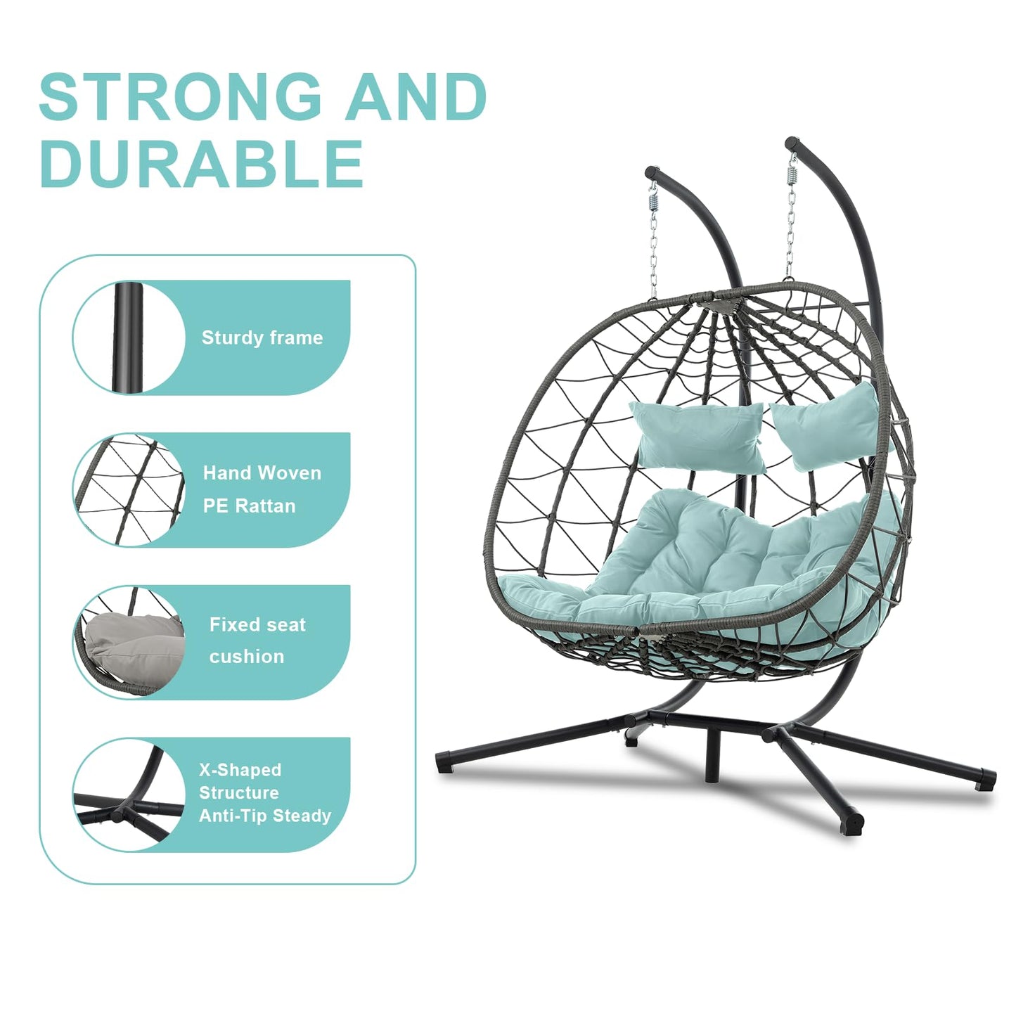 2 Person Double Egg Swing Chair with Stand Indoor Outdoor, Hammock Swing Chair Foldable Hanging Chair, Patio Wicker Hanging Egg Chair w/Cushion 700LBS Capacity for Bedroom, Balcony, Garden, Blue