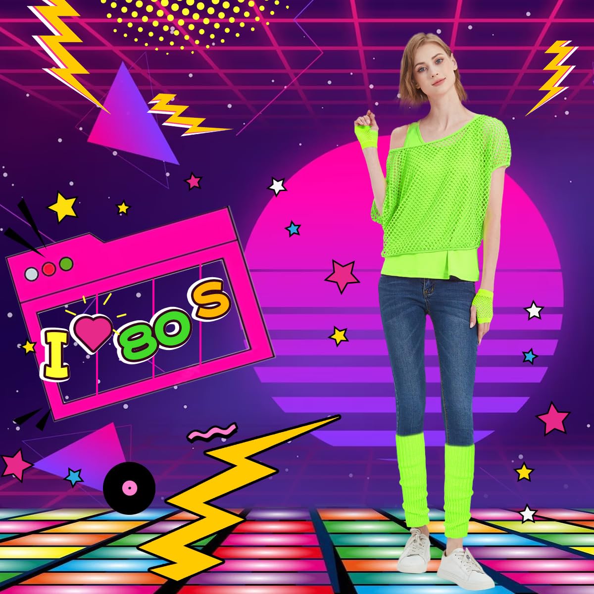 WILDPARTY Women Casual Sexy 80s Costumes Fishnet Neon Off Shoulder T-Shirt Two Pieces, Fishnet Gloves, Legwarmers 80s Outfits for Women 80s Costume Accessories for 80s Party (Green XXL)