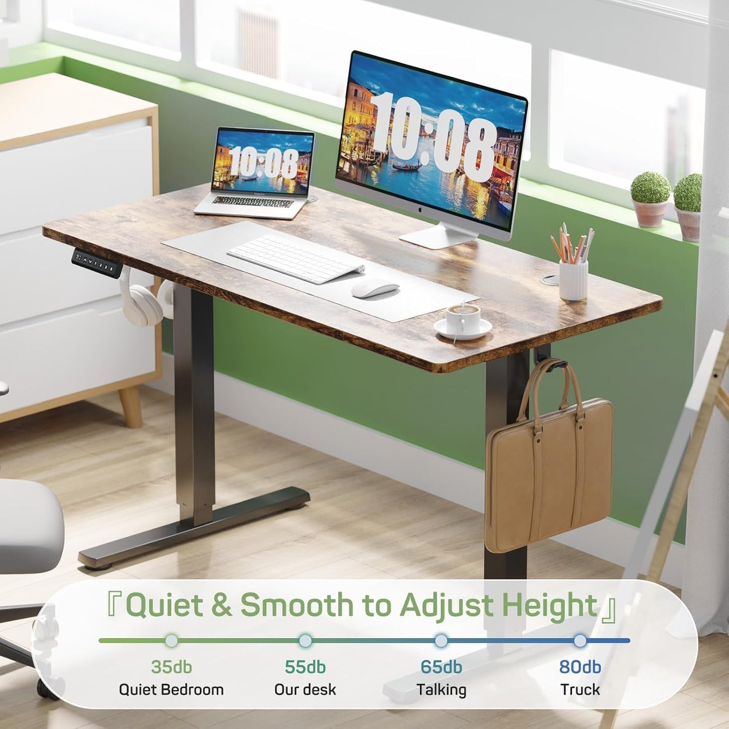 Whitmor Electric Standing Desk - 55 x 24 Inch Height Adjustable Computer Desk, Sit to Stand Home Office Table with Splice Board, 2 Hooks & Wire Hole, Brown