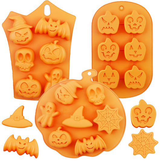 3Pcs LEBERY Halloween Silicone Molds Ghost Pumpkin Skulls Witch Hat Silicone Mold, Non-Stick Halloween Candy Mold Chocolate Cake Cupcake Jelly Ice Cube Baking Crayon Melt Biscuits Fondant Moulds