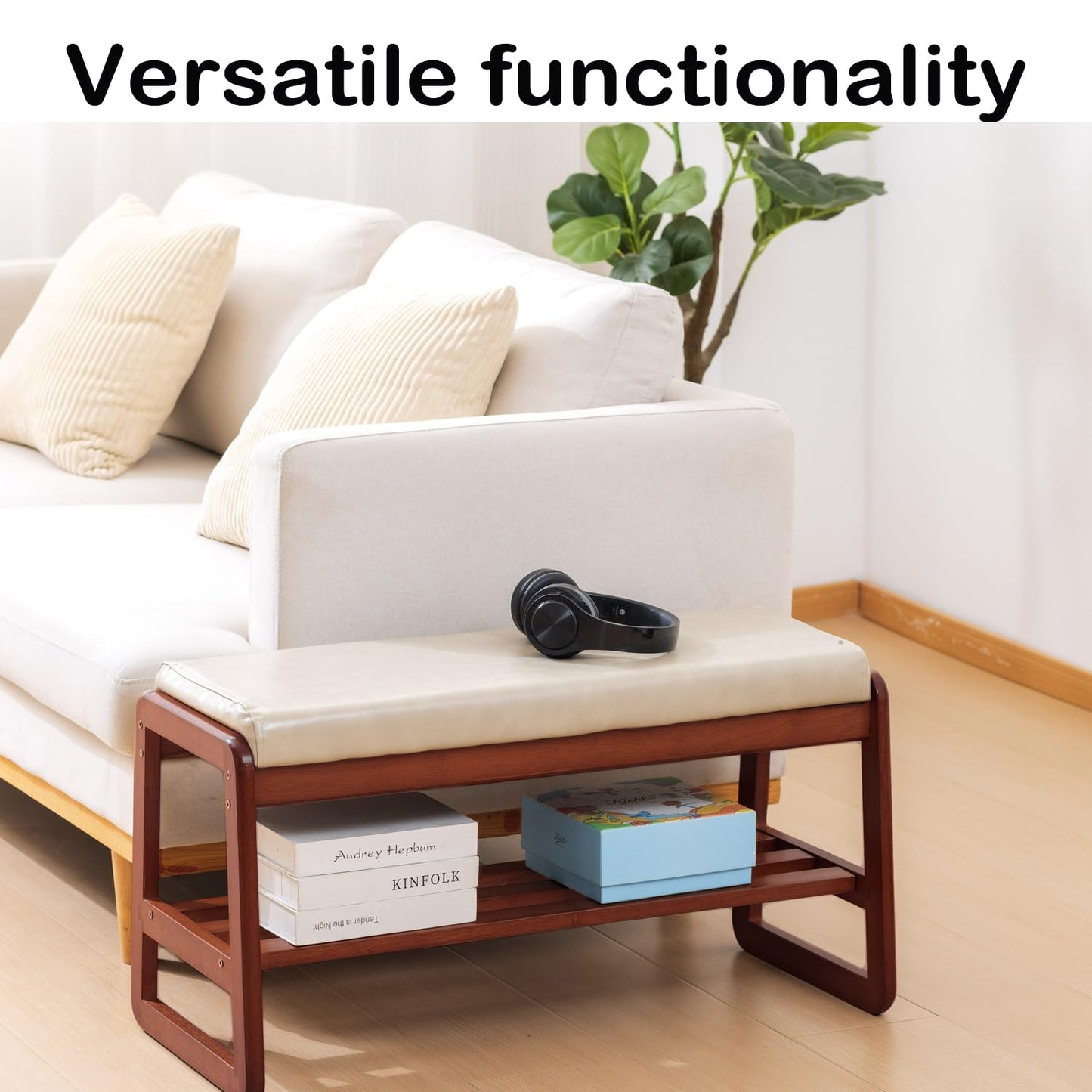 ABAMFUR Shoe Rack Bench, Solid Wood Entryway Bench, Shoe Storage with Cushion Seat for Entry, Hallway (Beige-39.4")