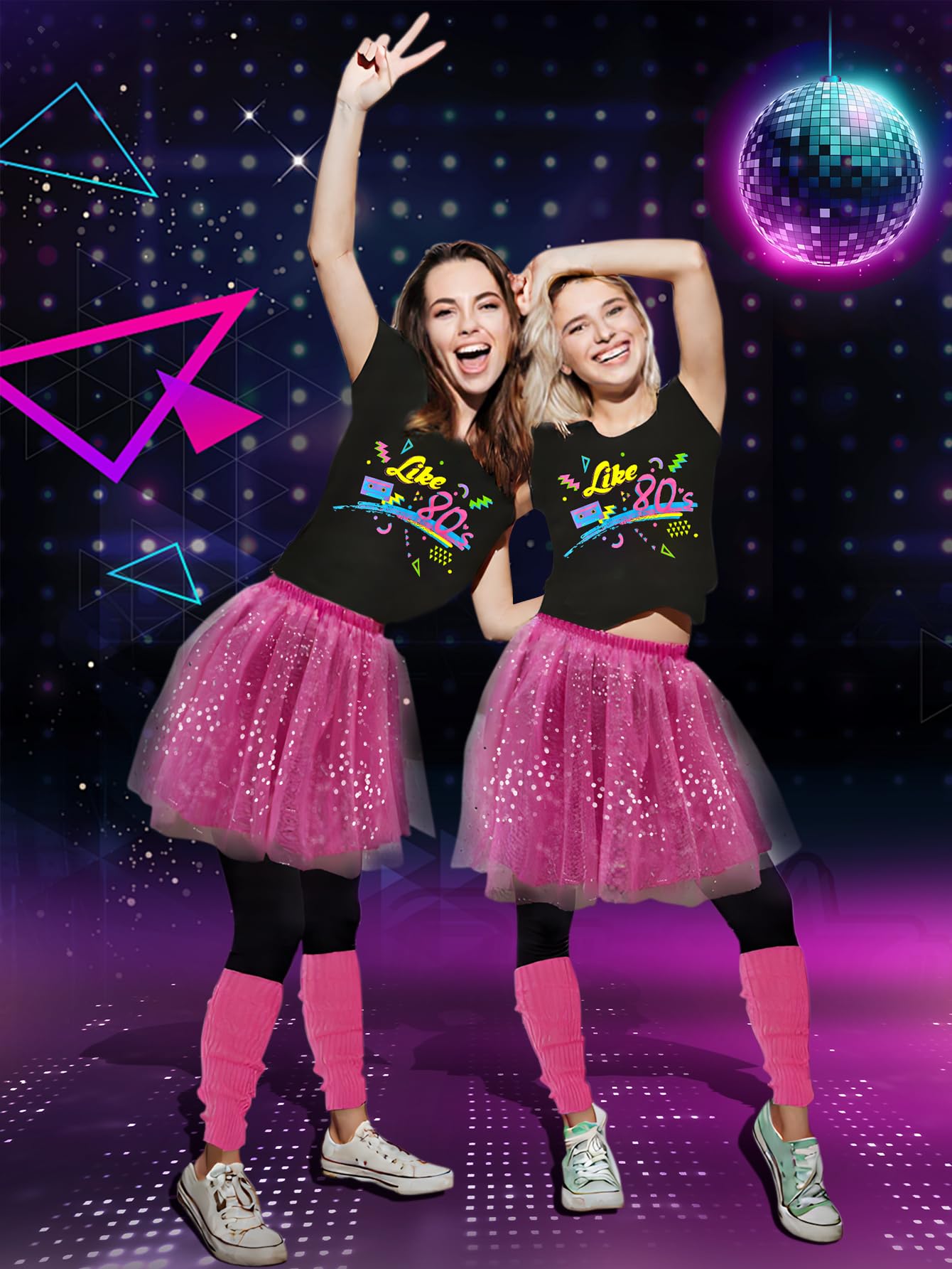 XXLOG 80s Outfit for Women T-Shirt Tutu Skirt with Accessories 80s Costumes Set for Retro Theme Party Pink M
