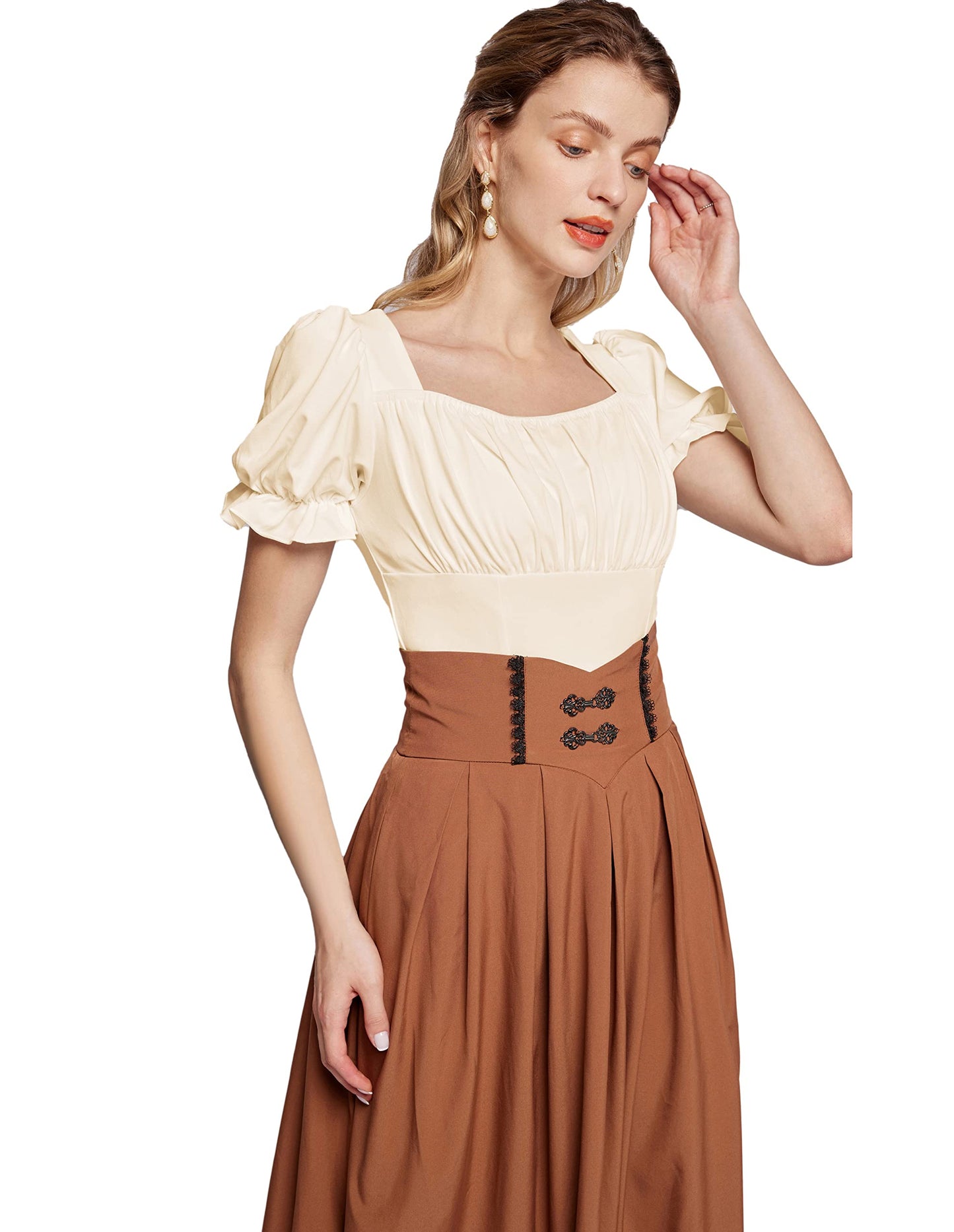 Womens Victorian Shirts Vintage Square Neck Ruffle Short Puff Sleeve Top Apricot M