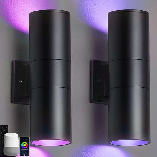 wowlite RGB Up Down Outdoor Wall Lights 2 Pack, 1200LM Smart Cylinder Outdoor Lights for House, Color Changing Exterior Lighting Fixtures APP Control Works with Alexa, IP65 Waterproof Porch Light