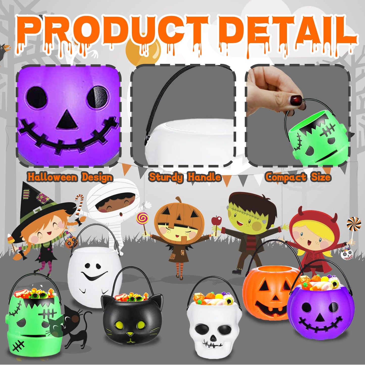 28 Pieces Halloween Candy Bucket,Mini Halloween Candy Holder,Pumpkin Ghost Cauldron Plastic Bucket Party Supplies for Trick or Treat