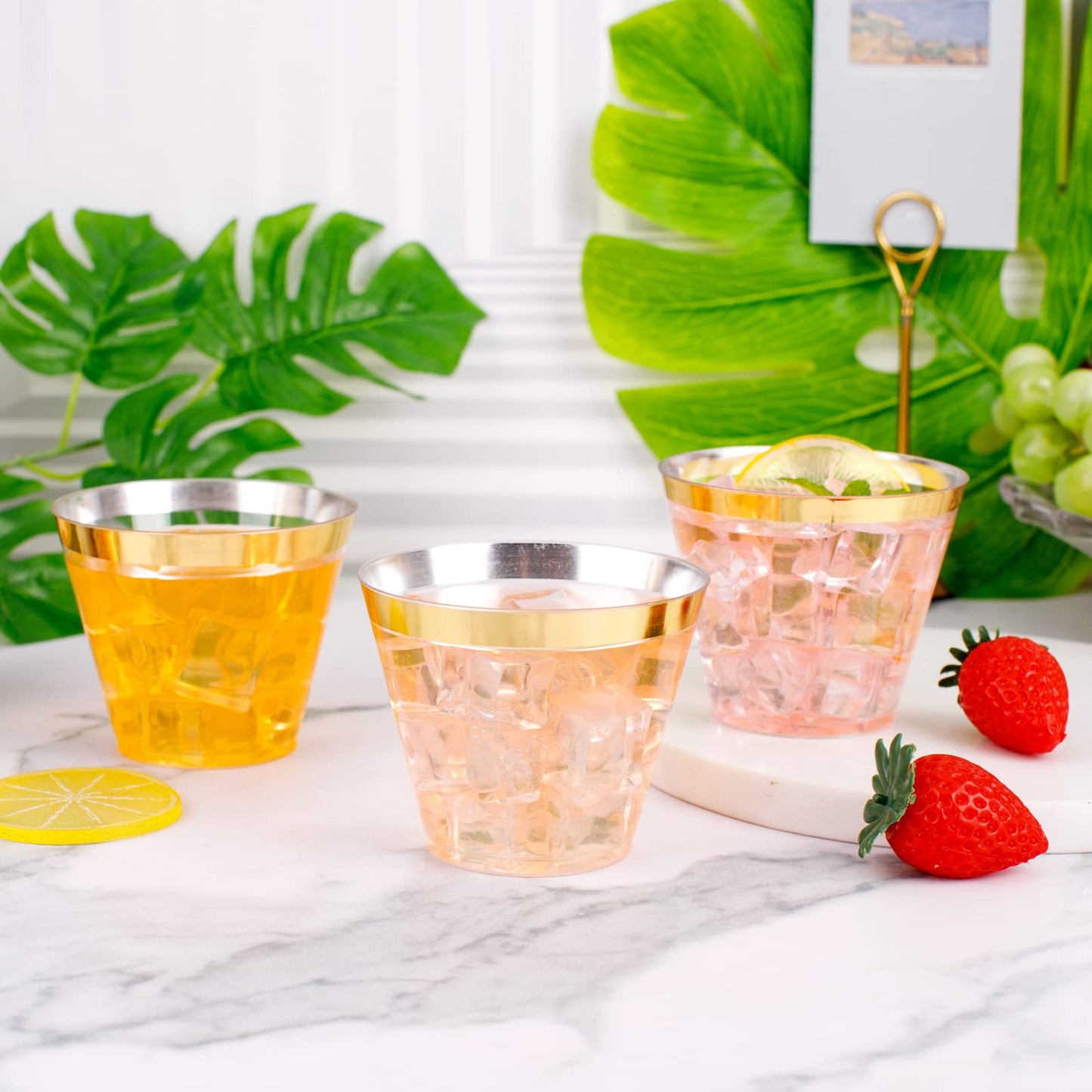 WELLIFE 120 PCS Gold Plastic Cups,9 oz Clear Plastic Cups,Disposable Wine Glasses,Disposable cups for Party and Wedding