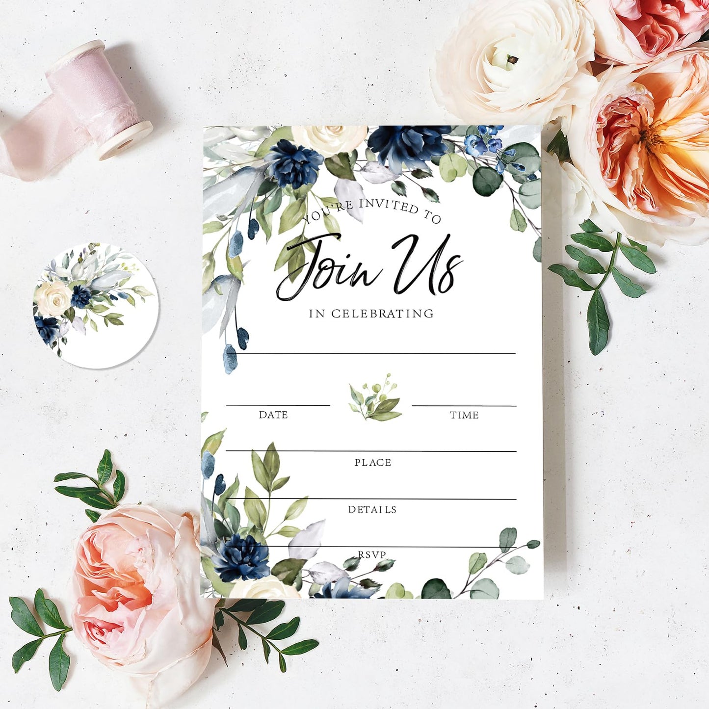 Whaline 25 Sets Floral Invitations with Envelopes Stickers Watercolor Blue Flower Invitation Cards Blank Invites for Wedding Reception Bridal Baby Shower Birthday Dinner Party, 5 x 7 Inch