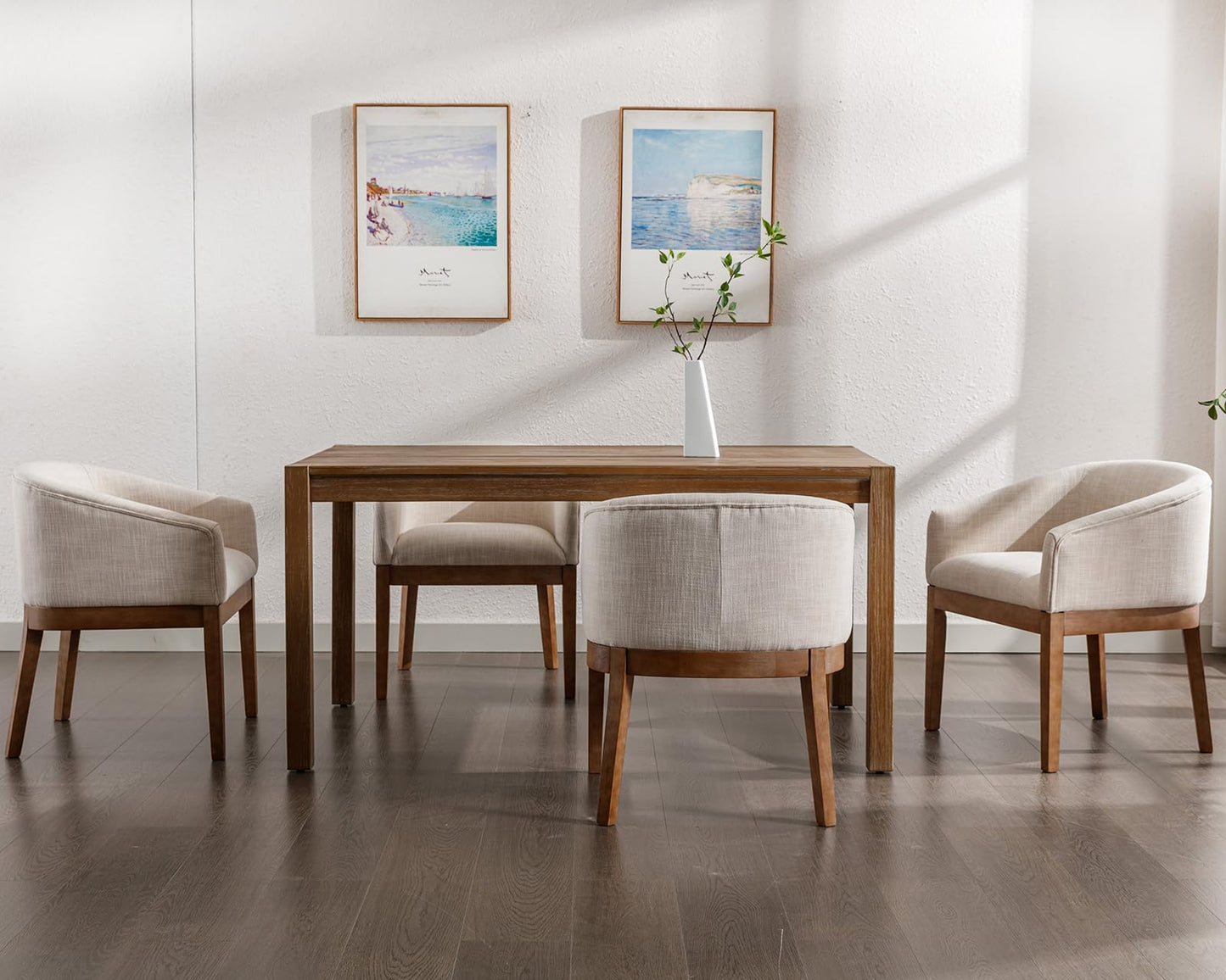 Washon Upholstered Dining Chairs Set of 4, Mid Century Modern Dining Room Chair with Arms, Barrel Kitchen Chair with Solid Wood Legs, Accent Side Chairs for Bedroom/Living, Beige