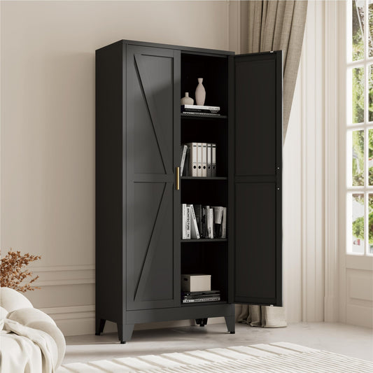 61" Kitchen Pantry Cabinet, Farmhouse Metal Storage Cabinet with 2 Doors and 3 Adjustable Shelves, Metal Pantry Closet Cabinets for Kitchen Bathroom, Home Office, Living Room