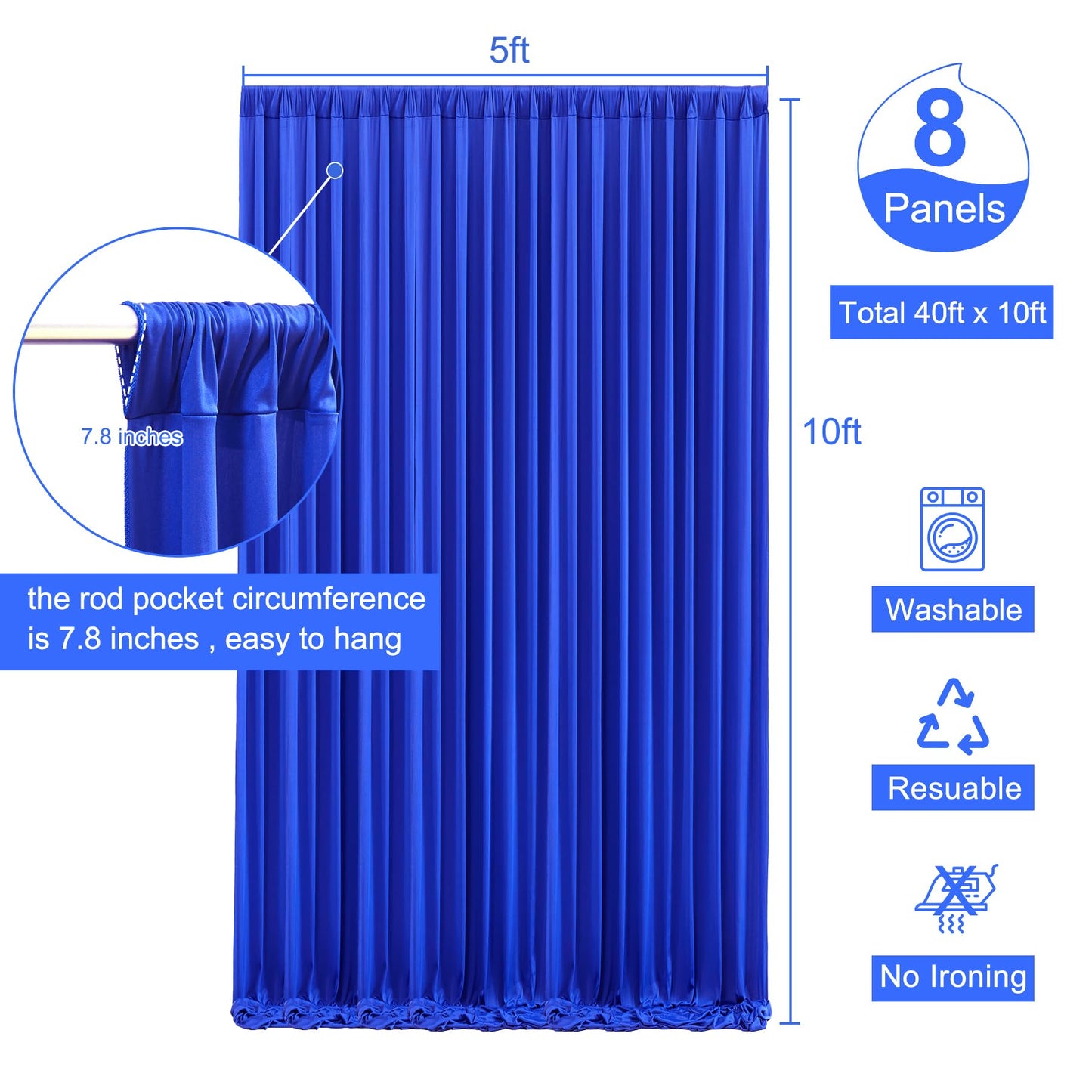 40ft x 10ft Wrinkle Free Royal Blue Wedding Backdrop Curtains for Party Bridal Shower Reception Decorations Royal Blue Fabric Curtain Backdrops Drapes for Photography Baby Shower Birthday Background