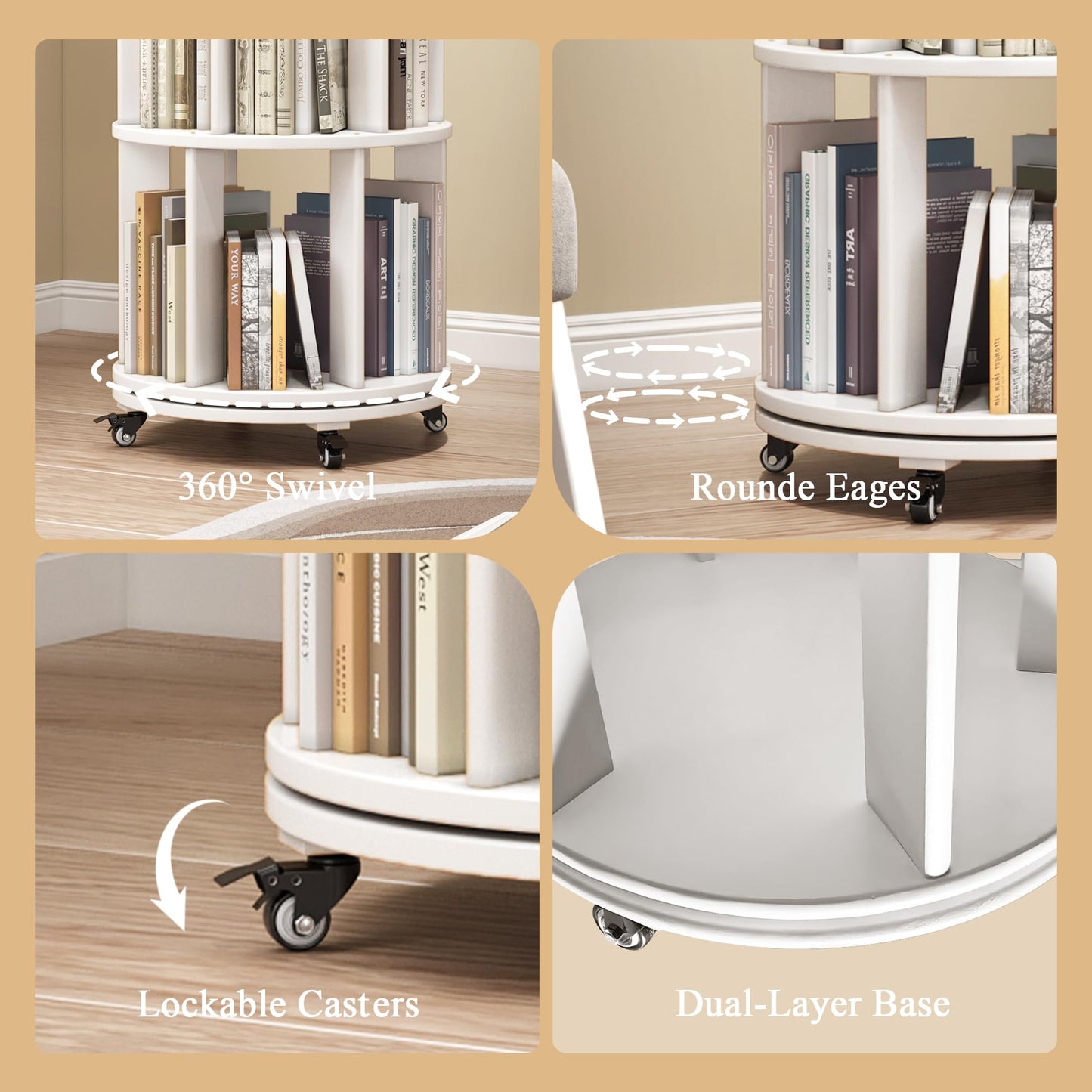 6 Tier Rotating Bookshelf Tower Spinning Bookshelf with Swivel Wheels Book Shelf Rotating Storage Tower for Kids Adult Narrow Walnut Solid Wood Revolving Bookcase Organizer for Bedroom Living Room