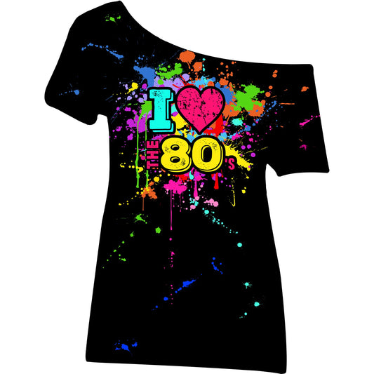 80s Outfit for Women Plus Size I Love The 80's Costumes 80s Off Shoulder T-Shirt Tops Neon Clothes Oversized (Black,2X-Large)