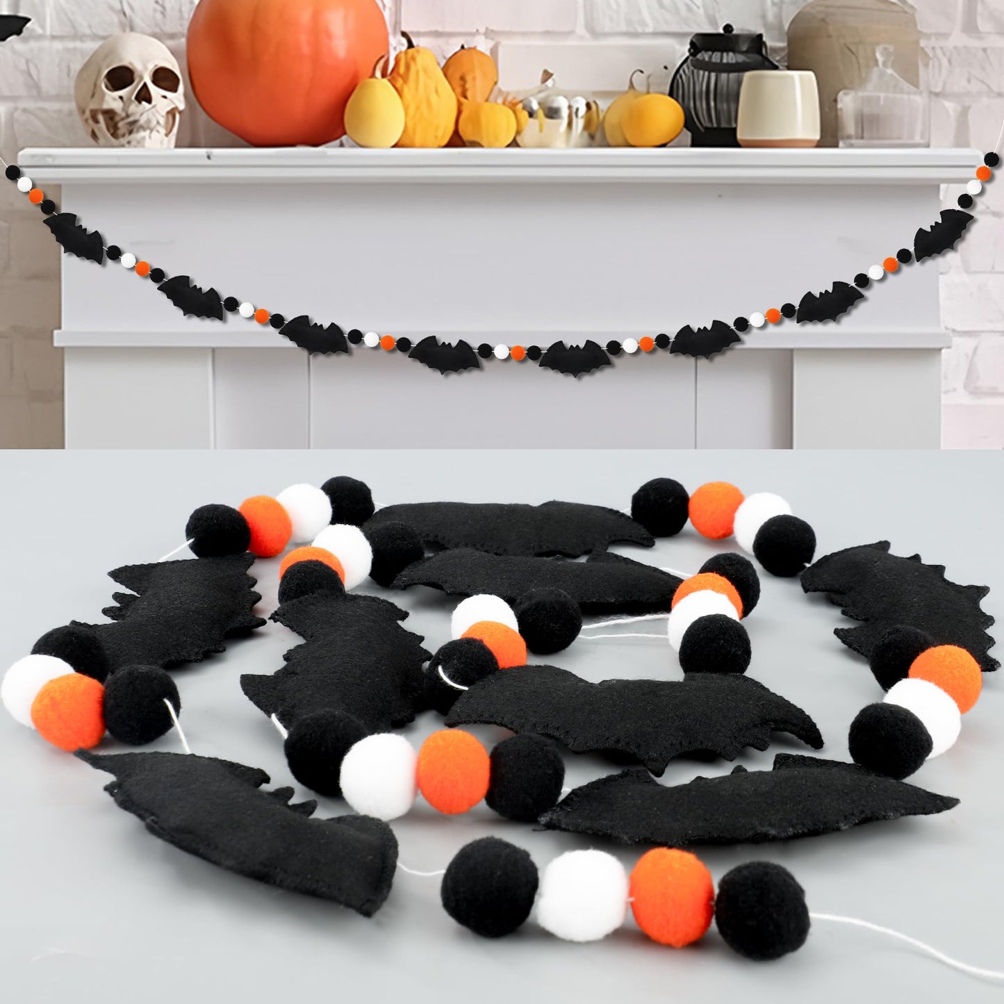 6.6Ft Halloween Felt Bats Banner Pre-Assembled 3D Bat Felt Hanging Garland Pompom Ball Bunting Banner Black White Orange Halloween Decor for Haunted Houses Doorways Home Mantel Decoration