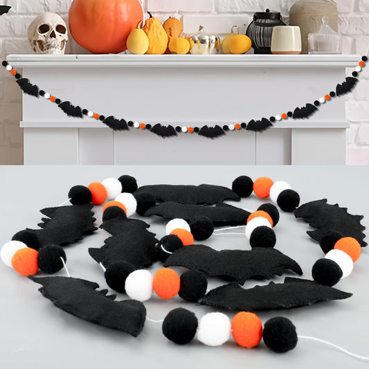 6.6Ft Halloween Felt Bats Banner Pre-Assembled 3D Bat Felt Hanging Garland Pompom Ball Bunting Banner Black White Orange Halloween Decor for Haunted Houses Doorways Home Mantel Decoration