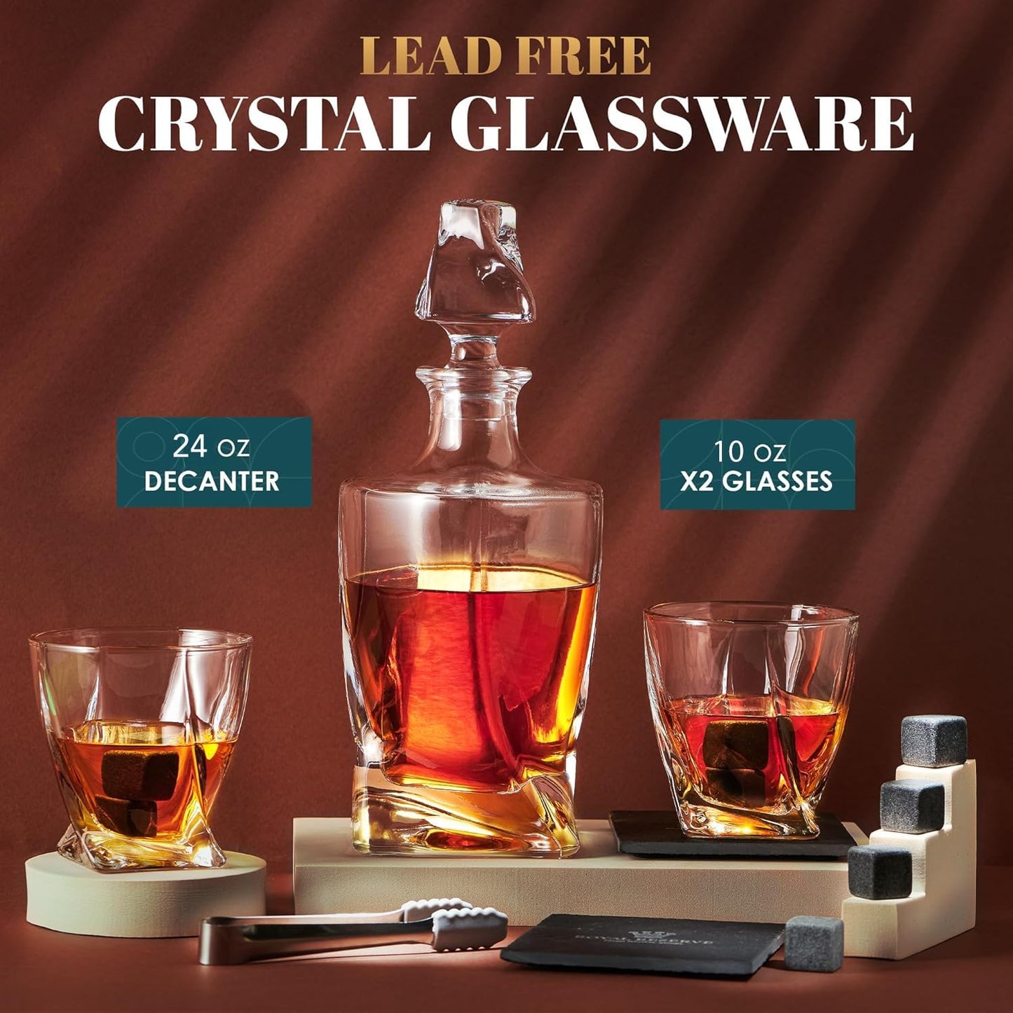 Whiskey Decanter Set by Royal Reserve – Whiskey Gift Set - Twisted Bourbon Decanter 24 oz 750 ml with Glasses, Whiskey Stones, Coasters, Tongs – Whiskey Gifts for Men, Husband, Dad Christmas