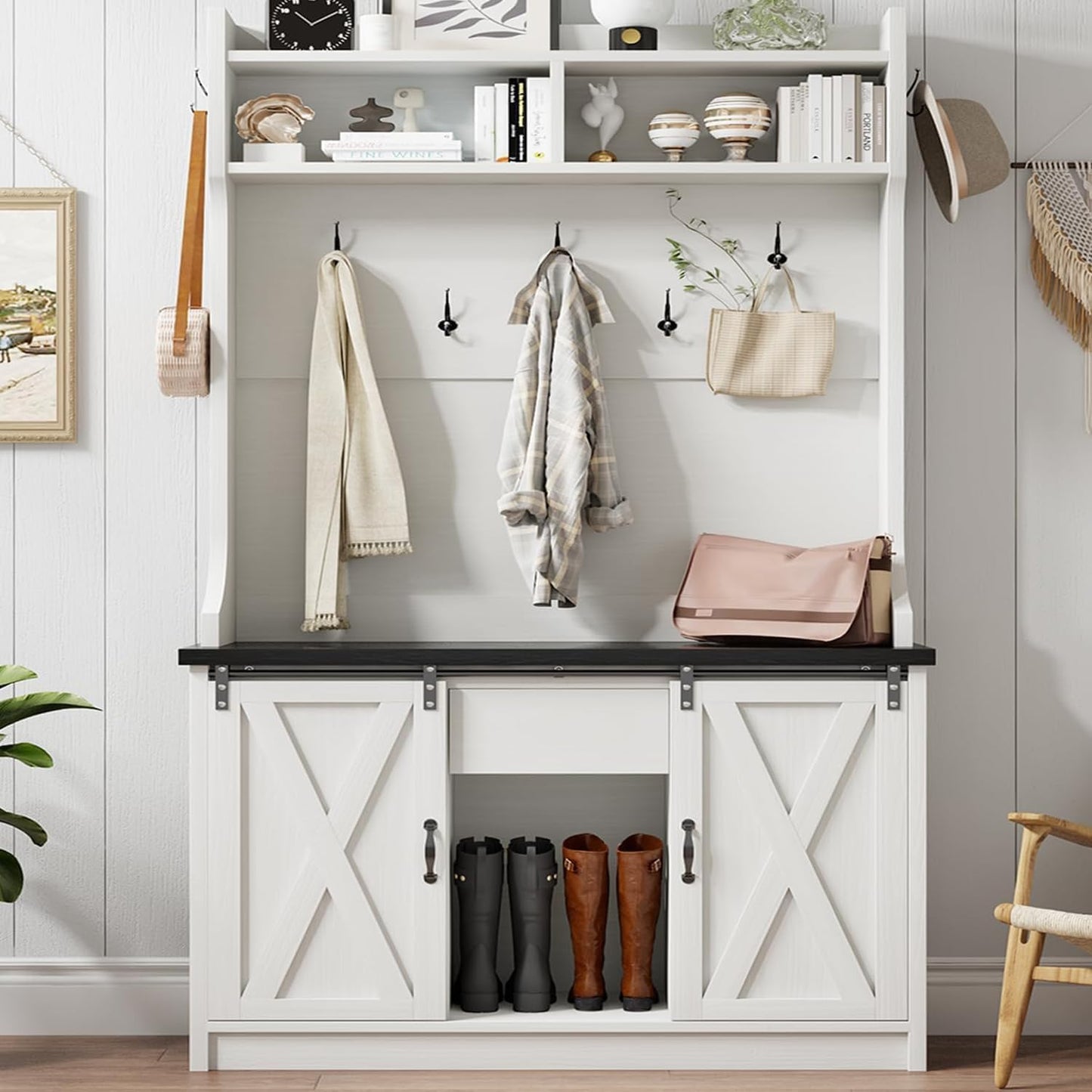 4ever2buy Hall Tree with Bench and Shoe Storage, 5-in-1 Entryway Bench with Coat Rack, Entryway Hall Tree with Adjustable Shelf, White