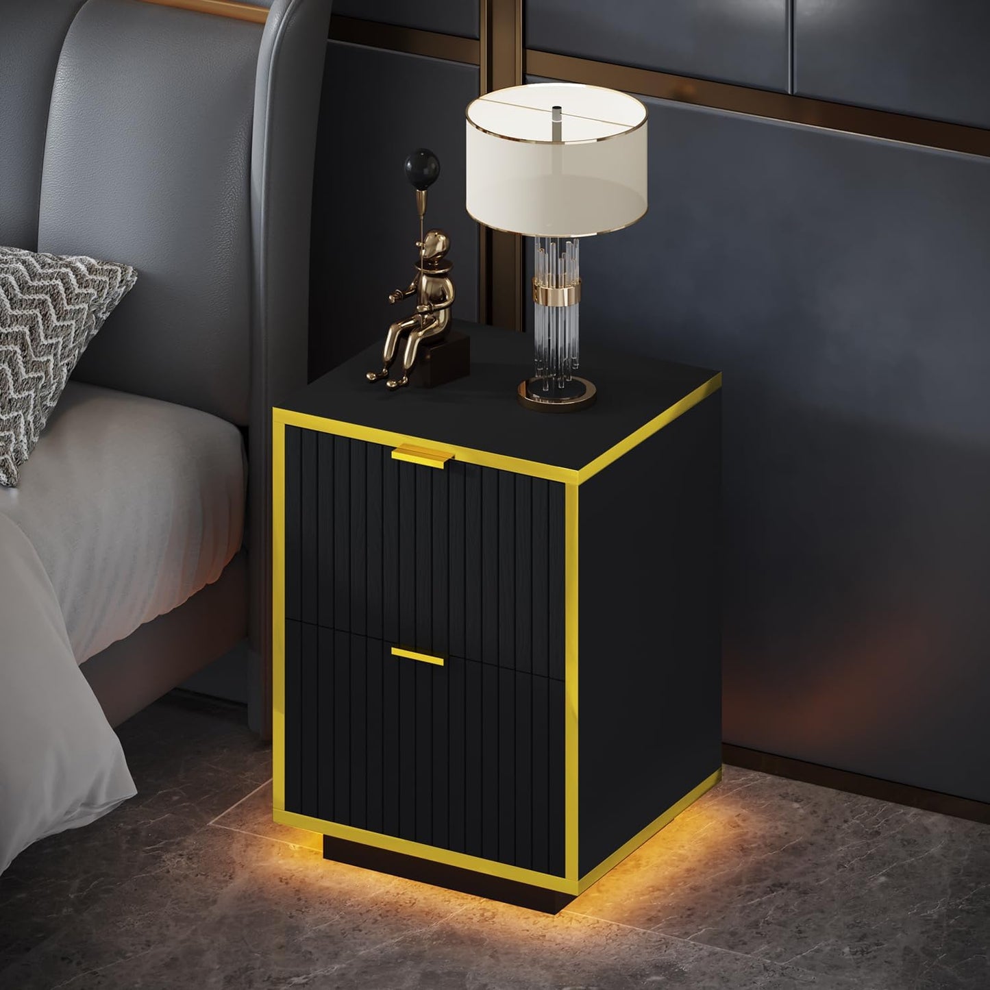 4ever2buy Black Nightstand with LED Lights, Morden Bedside Table with Gold Frame, Fluted Nightstand with Drawers, 18 Inch Night Stand with Storage, Side Table for Bedroom, Black and Gold