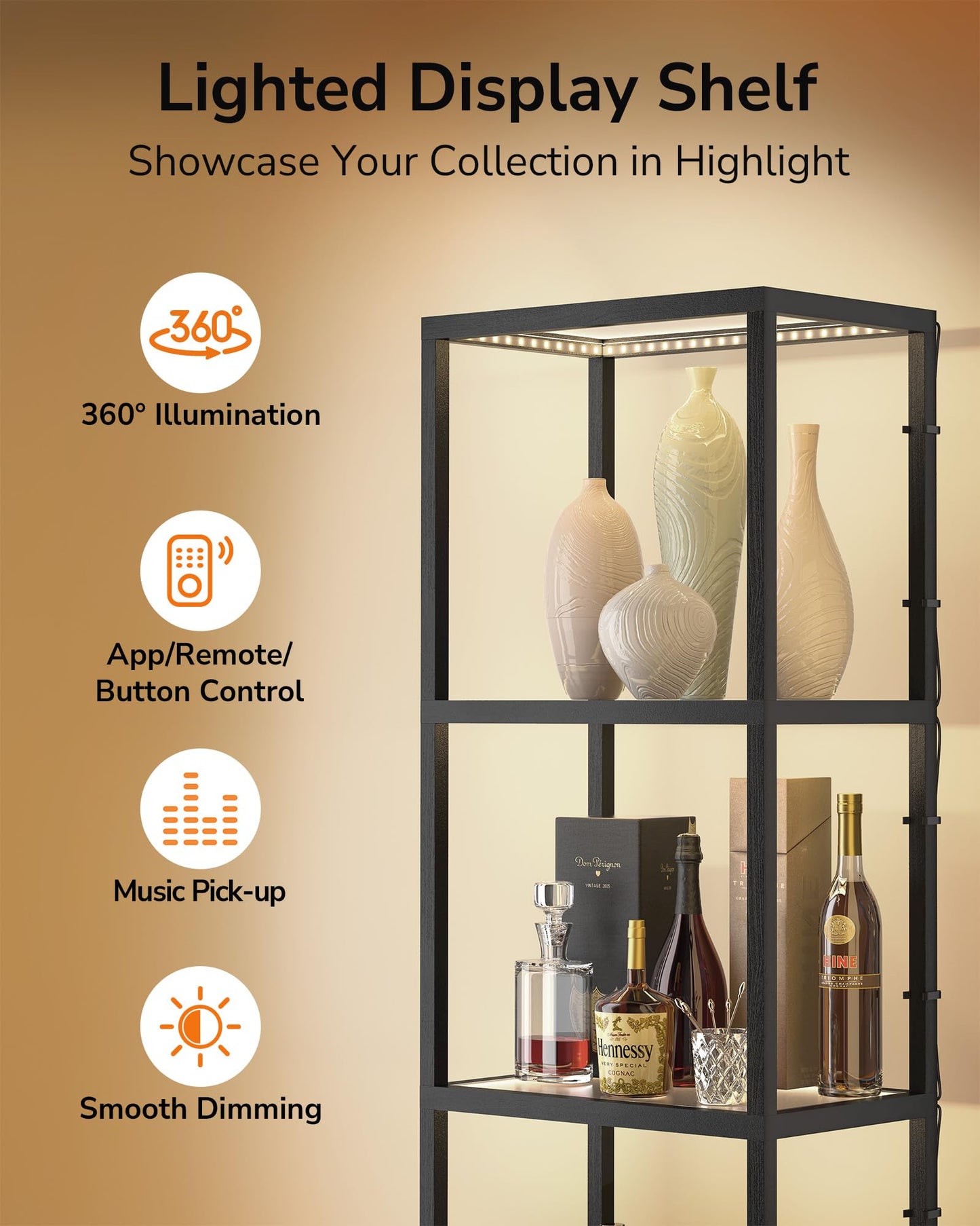 66" Luxury 4-Side Lighted Dimmable LED Glass Display Shelf, 4-Tier Curio Cabinet with Remote/APP Control, Music Sync, Display Cases for Collectibles, Floor Lamp with Shelves for Home Bedroom Decor