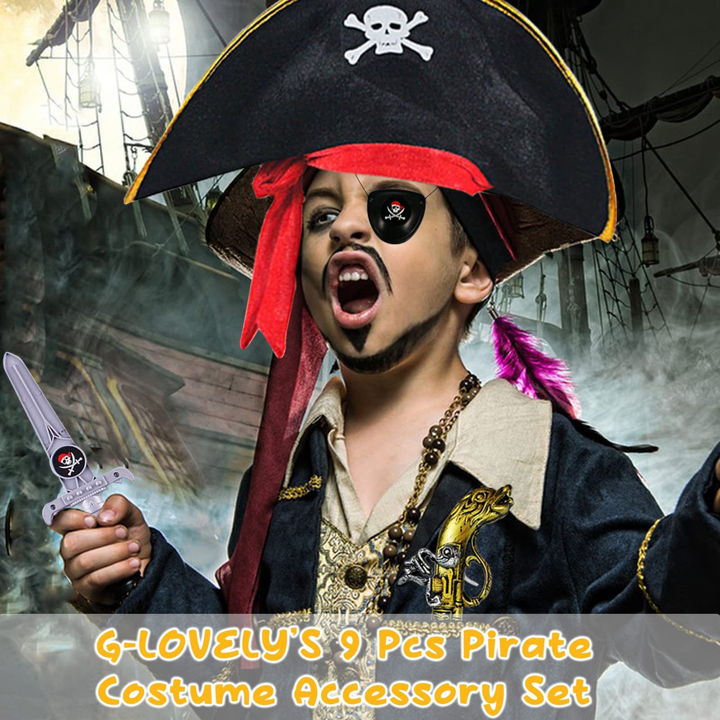 8 Pcs Pirate Accessories Halloween Kids Pirate Theme Pretend Party Toys Set Kids' Halloween Party Cosplay Dress Up Supplies with Hat Sword Pistol Eye Patch Telescope Compass Pirate Hook Map