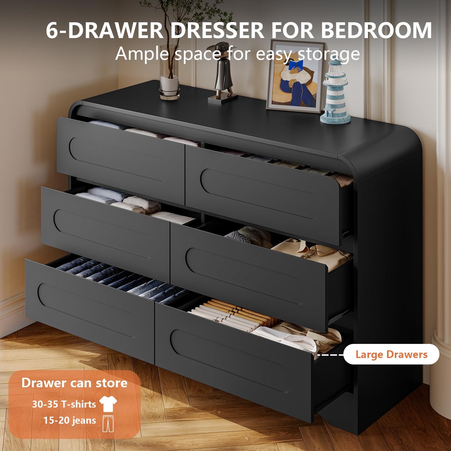 3 Pcs Bedroom Set, Modern Bedroom Furniture Set, Wood 6 Drawer Dresser and 2 Drawer Nightstand Set of 2, Chest of Drawers Wide Storage Organizer Cabinet Set, Black