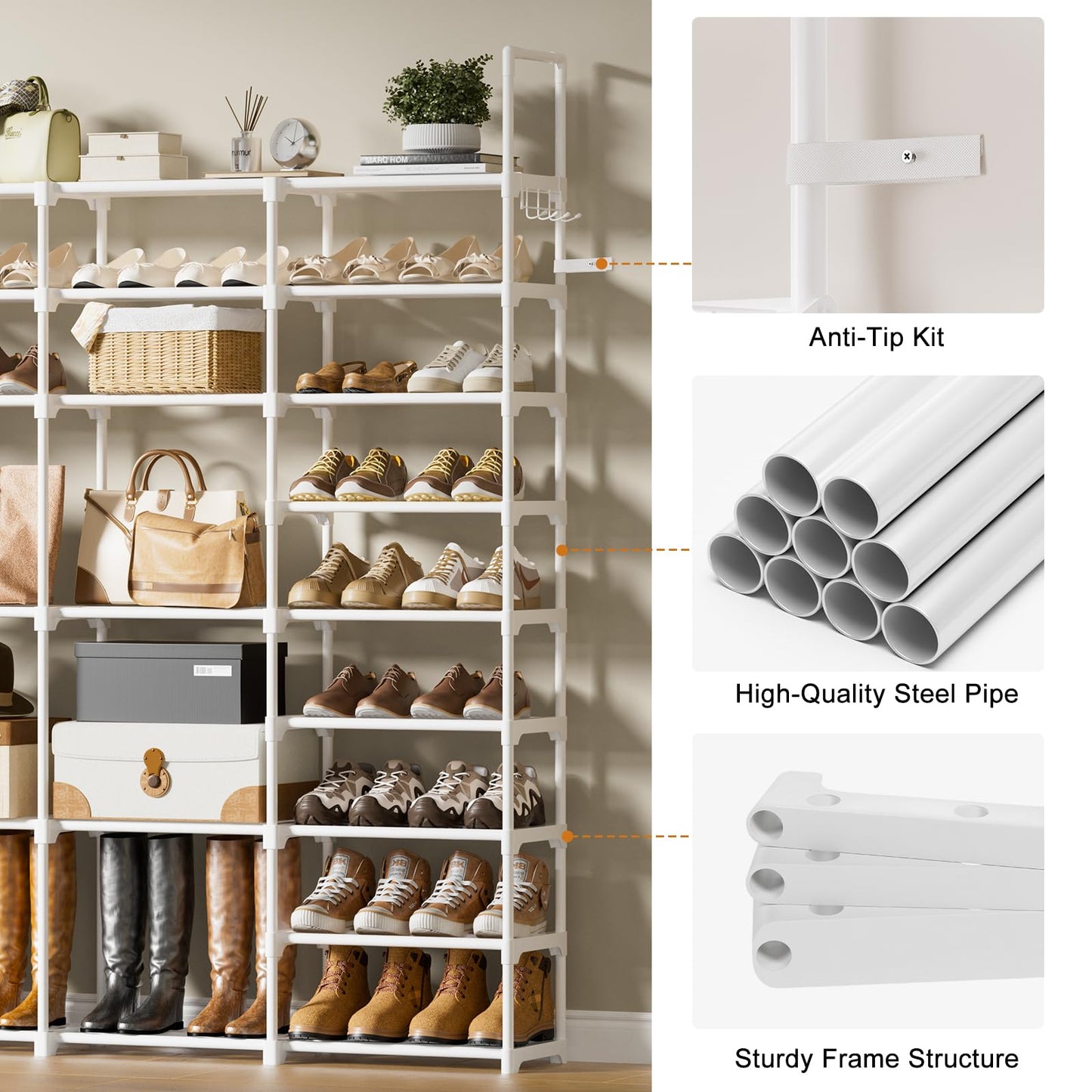 WOWLIVE 4 Row 10 Tiers Extra Large Shoe Rack 72-80 Pairs Big Tall Metal Shoe Shelf, Heavy Duty Organizer for Closet Entryway, Boot Rack Storage Stackable Stand for Garage White