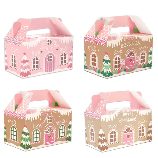 Whaline 24Pcs Christmas Treat Boxes with Handles Pink Gingerbread House Goodie Candy Bags Xmas Gable Paper Gift Containers for Cookie Snack Present Party Favor Supplies, 4 Designs