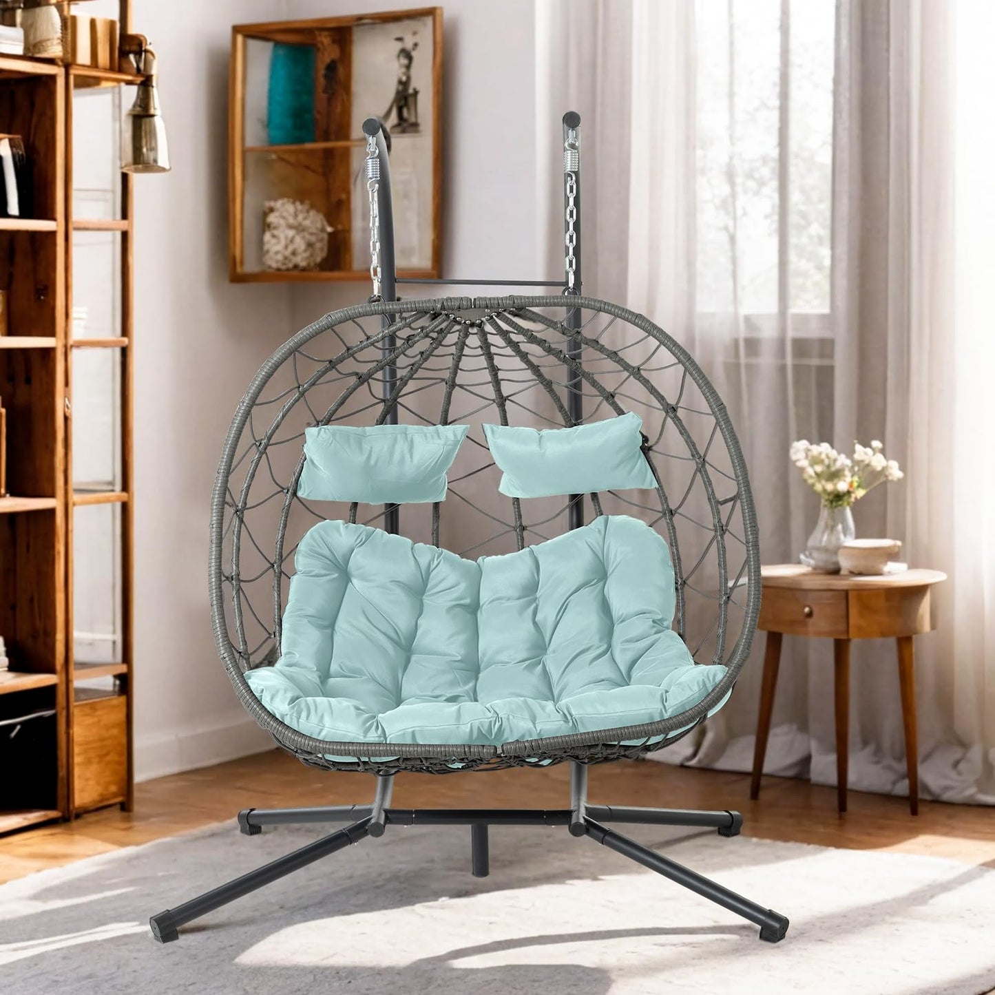 2 Person Double Egg Swing Chair with Stand Indoor Outdoor, Hammock Swing Chair Foldable Hanging Chair, Patio Wicker Hanging Egg Chair w/Cushion 700LBS Capacity for Bedroom, Balcony, Garden, Blue