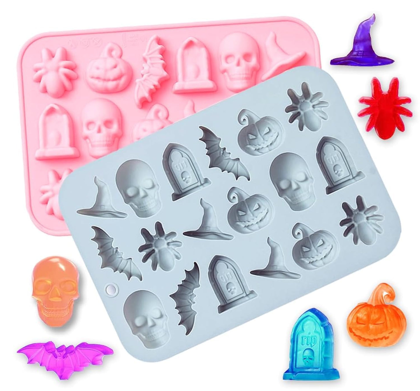 2 Pack Halloween Chocolate Mold Pumpkin Bat Skull Tomb Spider Shape Silicone Mold for Chocolate Candy Gummy Jello Ice Cube Melt Biscuits Cake Decoration Silicone Baking Mold Making Kit for Kids