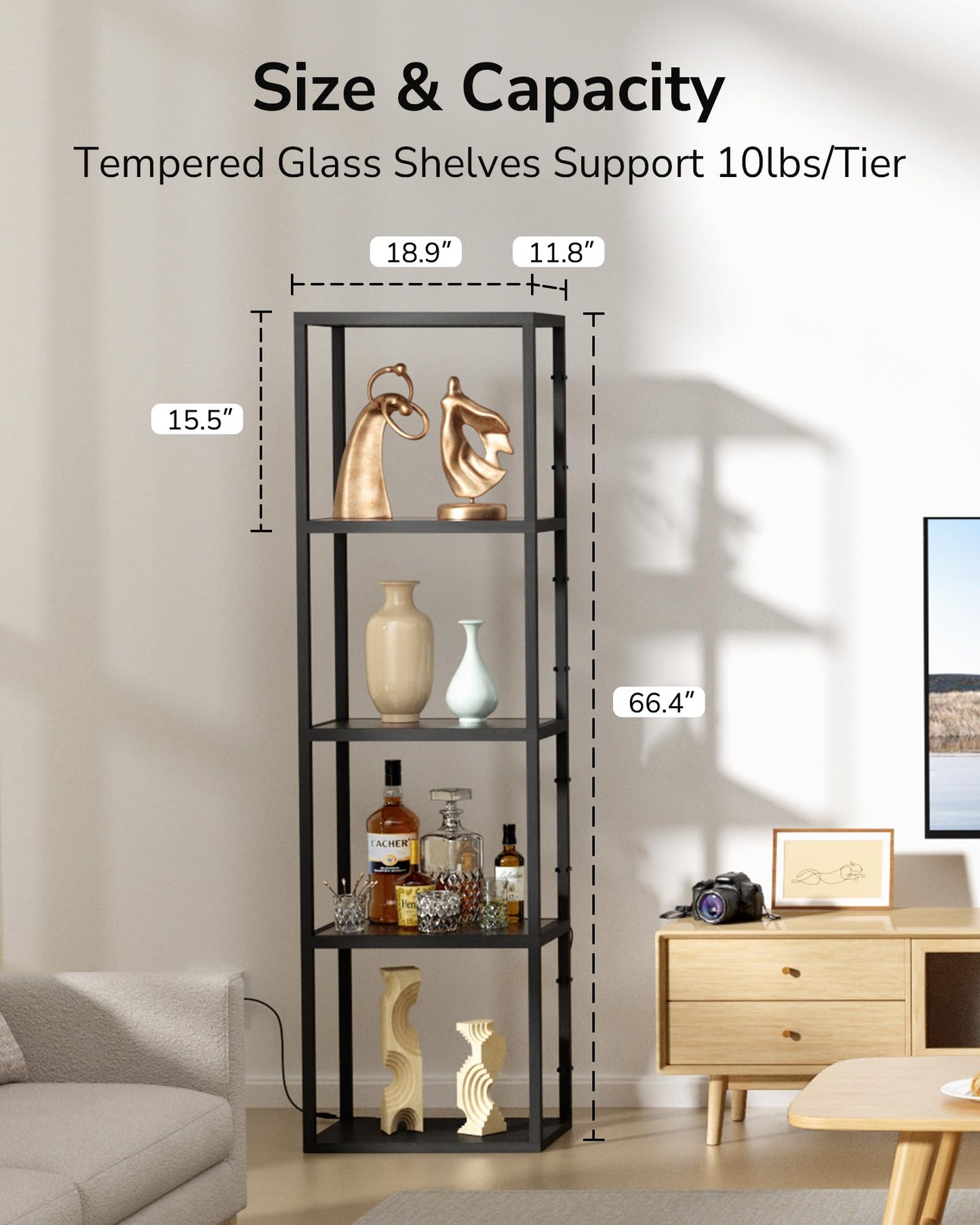 66" Luxury 4-Side Lighted Dimmable LED Glass Display Shelf, 4-Tier Curio Cabinet with Remote/APP Control, Music Sync, Display Cases for Collectibles, Floor Lamp with Shelves for Home Bedroom Decor