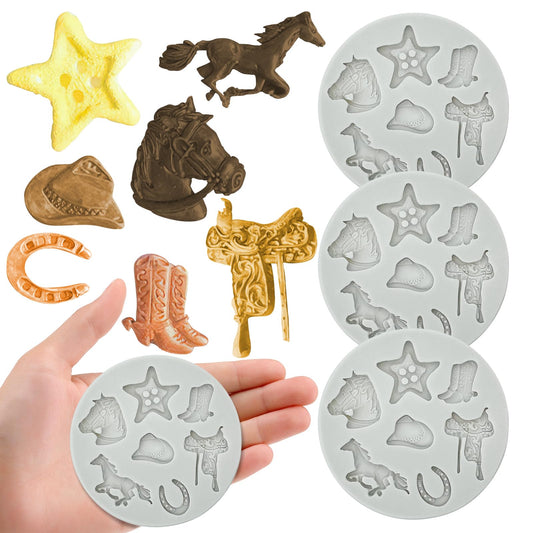 4Pcs Western Cowboy Theme Silicone Fondant Molds Candy Chocolate Molds Biscuit Cookies Baking Mold DIY Cupcake Topper Sugarcraft Gum Paste Clay Ice Cube Pudding for Cake Decoration
